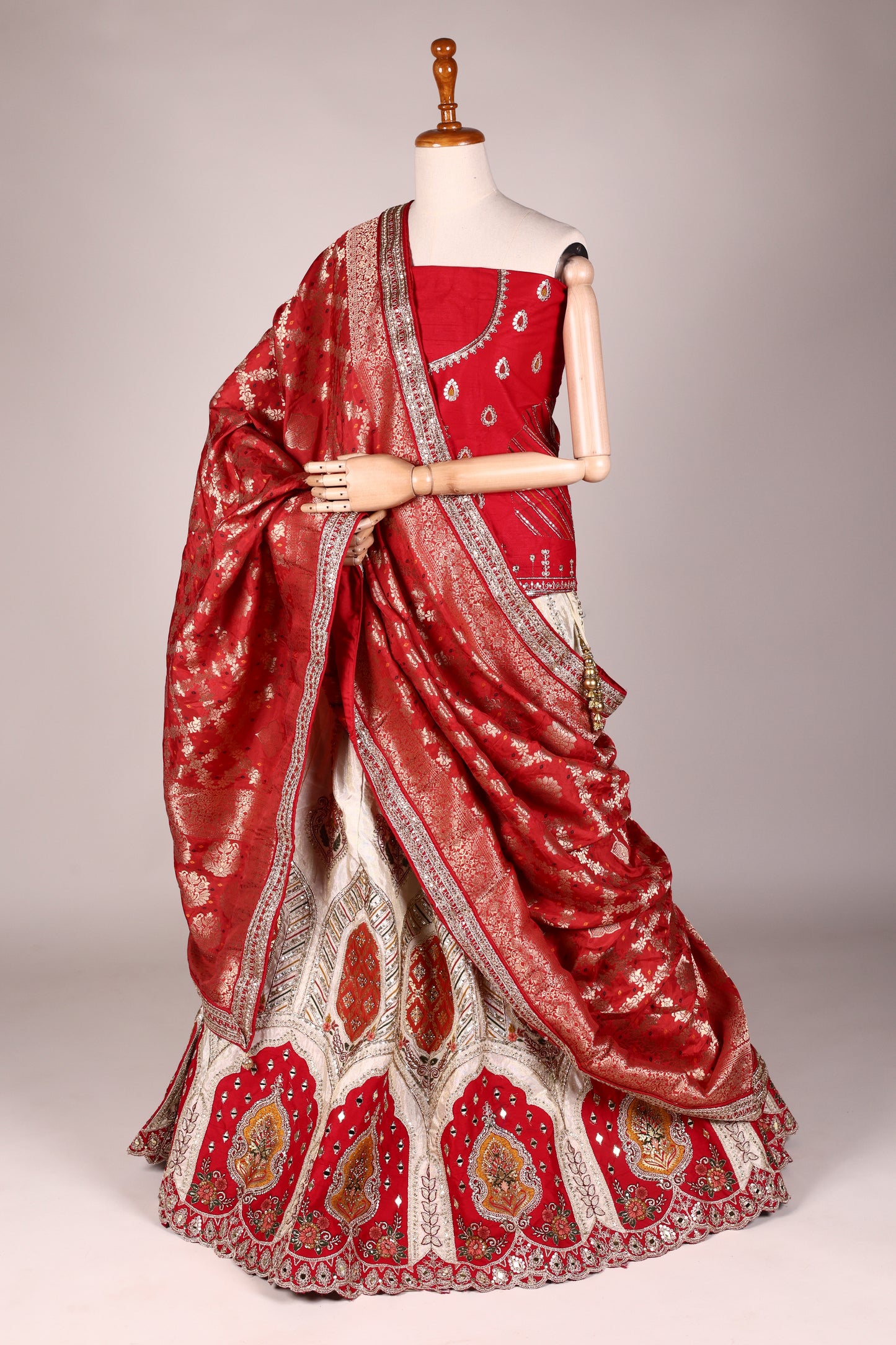 Ivory Art Silk Zari Tissue Lehenga with Bead & Gota Work, Contrast Red Blouse & Dupatta