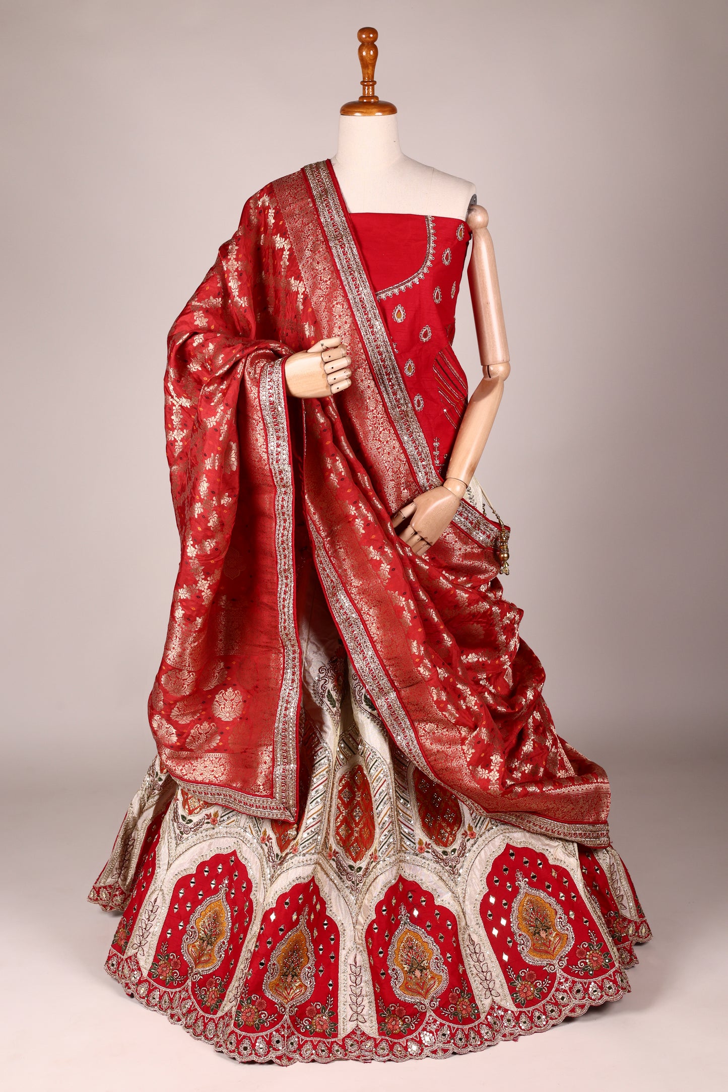 Ivory Art Silk Zari Tissue Lehenga with Bead & Gota Work, Contrast Red Blouse & Dupatta