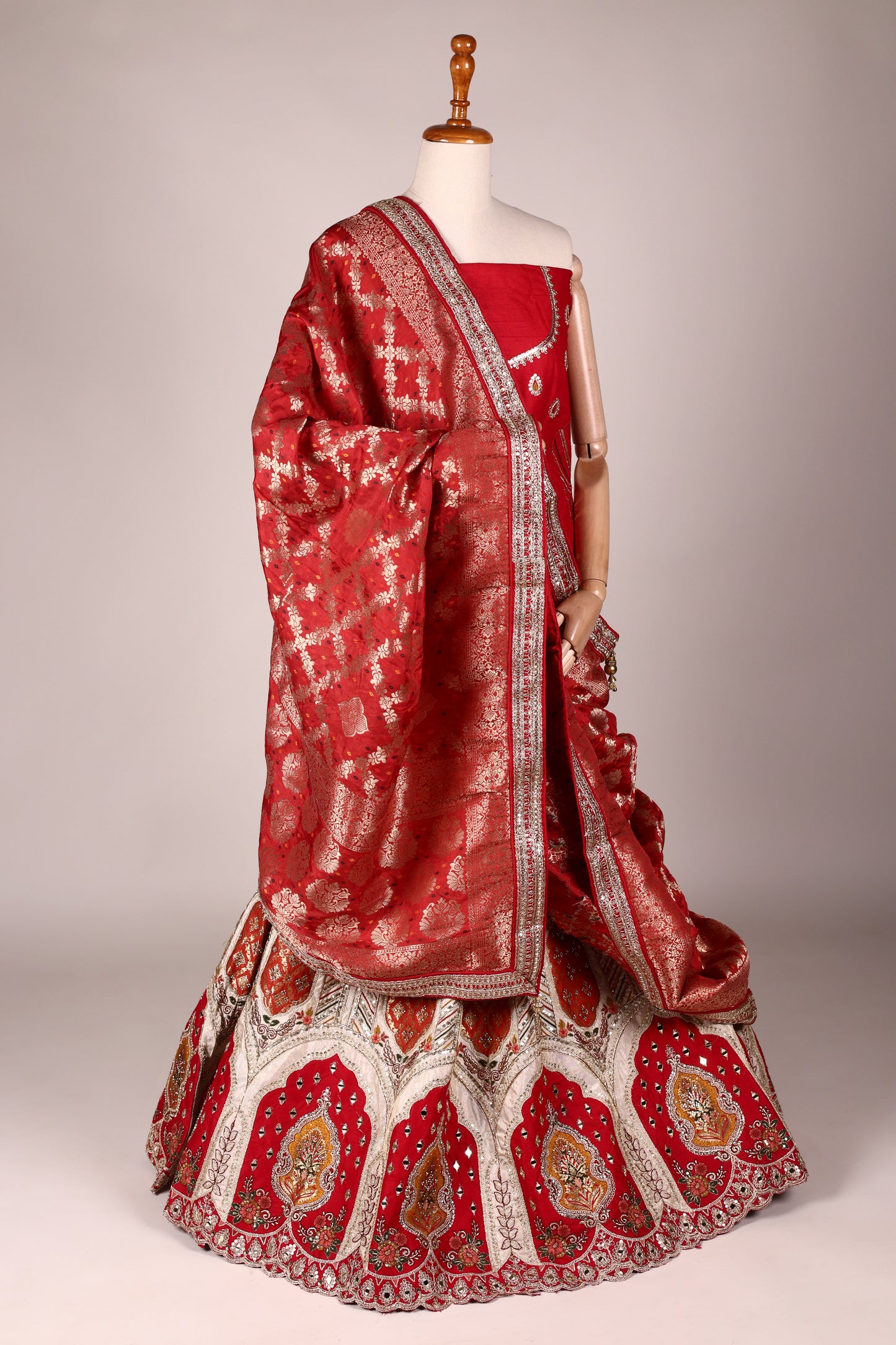 Ivory Art Silk Zari Tissue Lehenga with Bead & Gota Work, Contrast Red Blouse & Dupatta