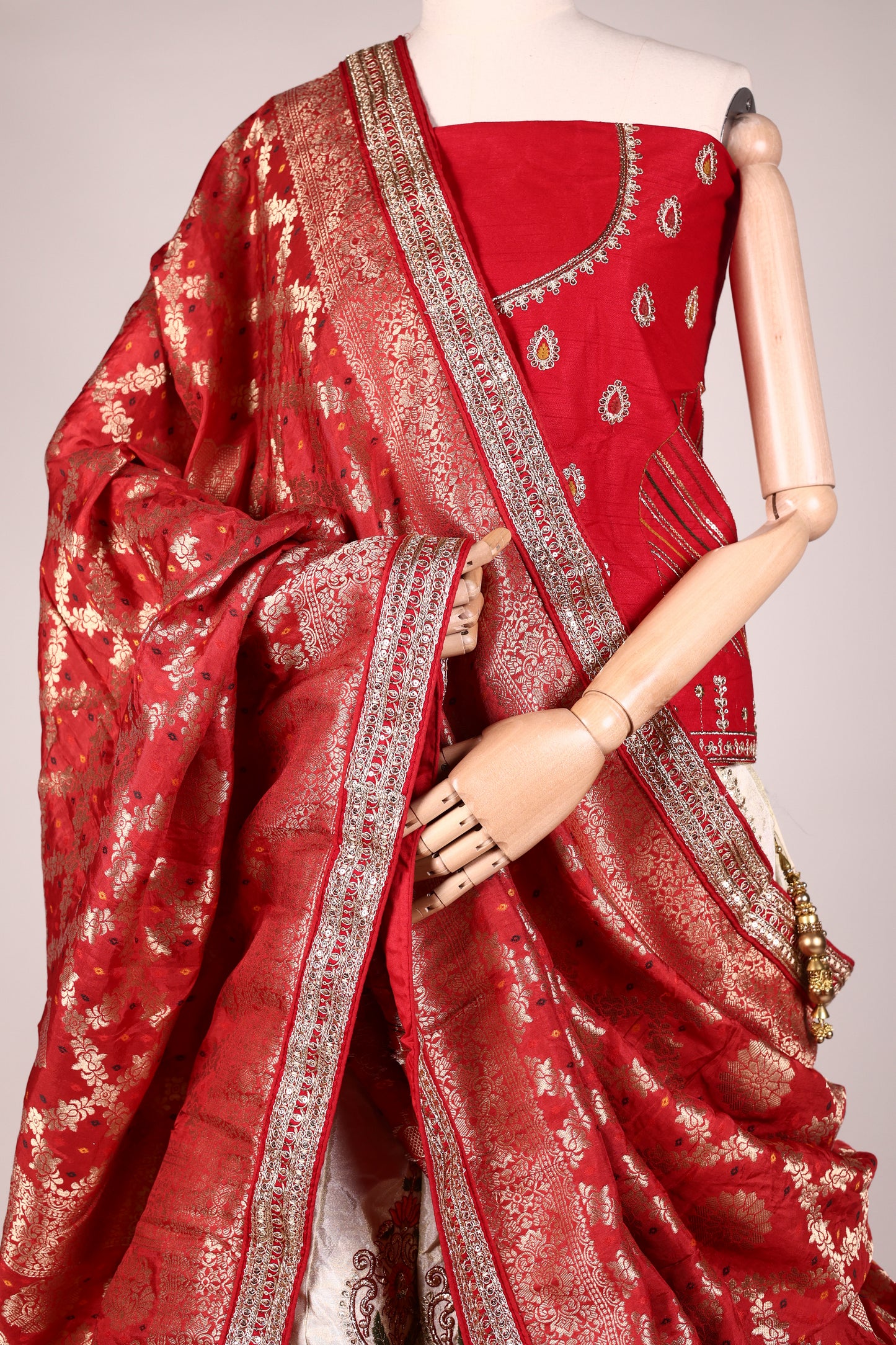 Ivory Art Silk Zari Tissue Lehenga with Bead & Gota Work, Contrast Red Blouse & Dupatta