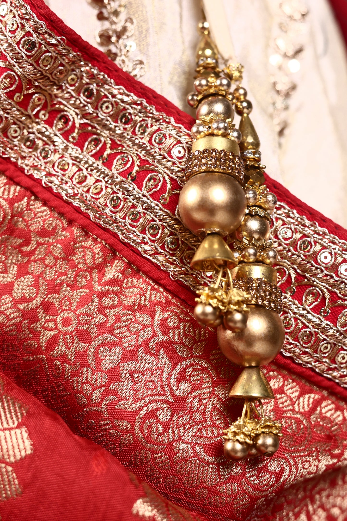 Ivory Art Silk Zari Tissue Lehenga with Bead & Gota Work, Contrast Red Blouse & Dupatta