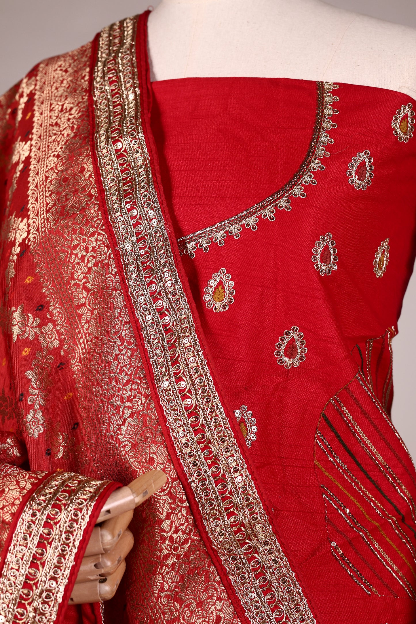 Ivory Art Silk Zari Tissue Lehenga with Bead & Gota Work, Contrast Red Blouse & Dupatta