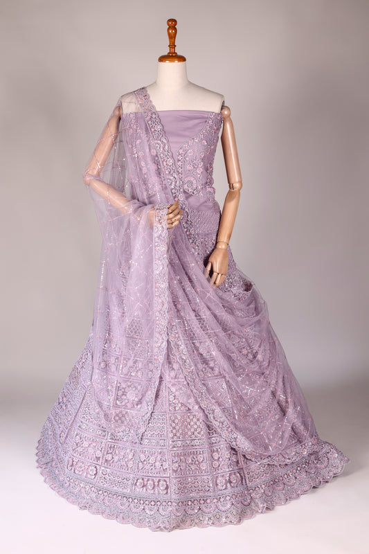 Light Lavender Net Lehenga with Cutdana & Sequin Embroidery, Tassels & Embroidered Dupatta