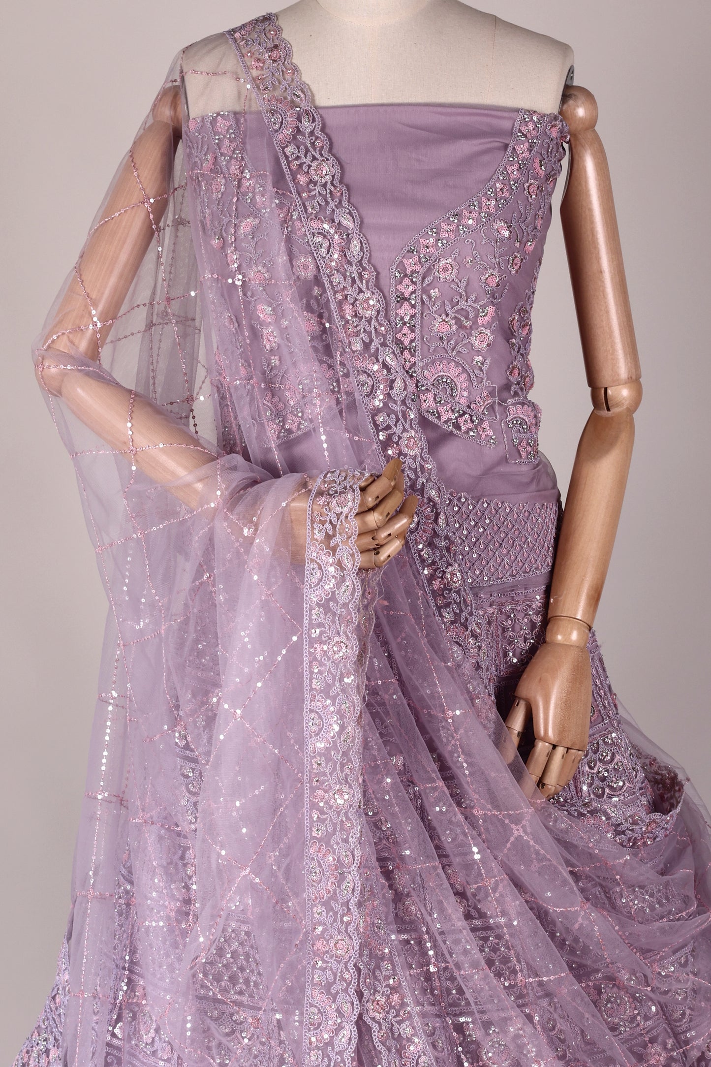 Light Lavender Net Lehenga with Cutdana & Sequin Embroidery, Tassels & Embroidered Dupatta