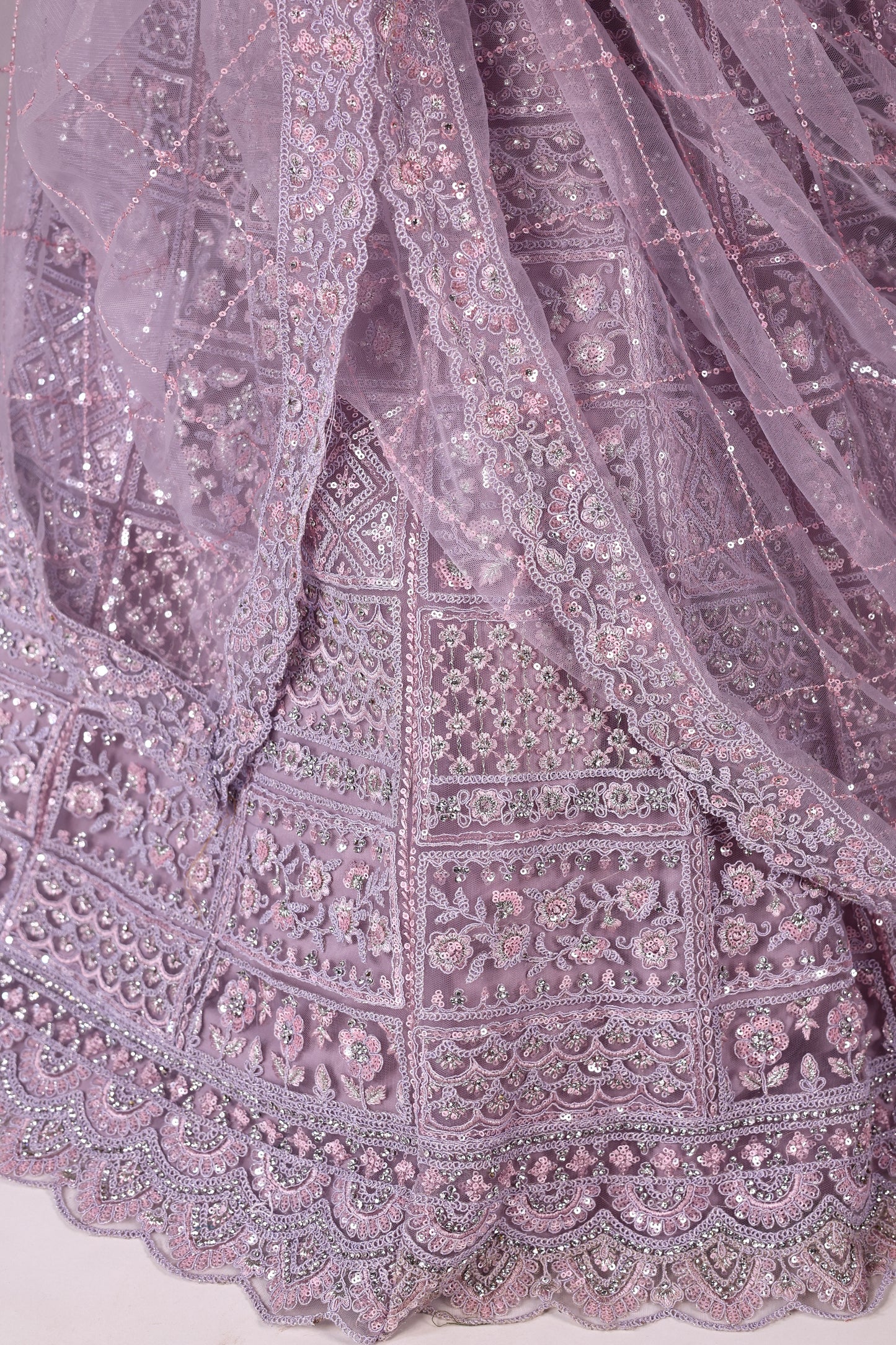 Light Lavender Net Lehenga with Cutdana & Sequin Embroidery, Tassels & Embroidered Dupatta