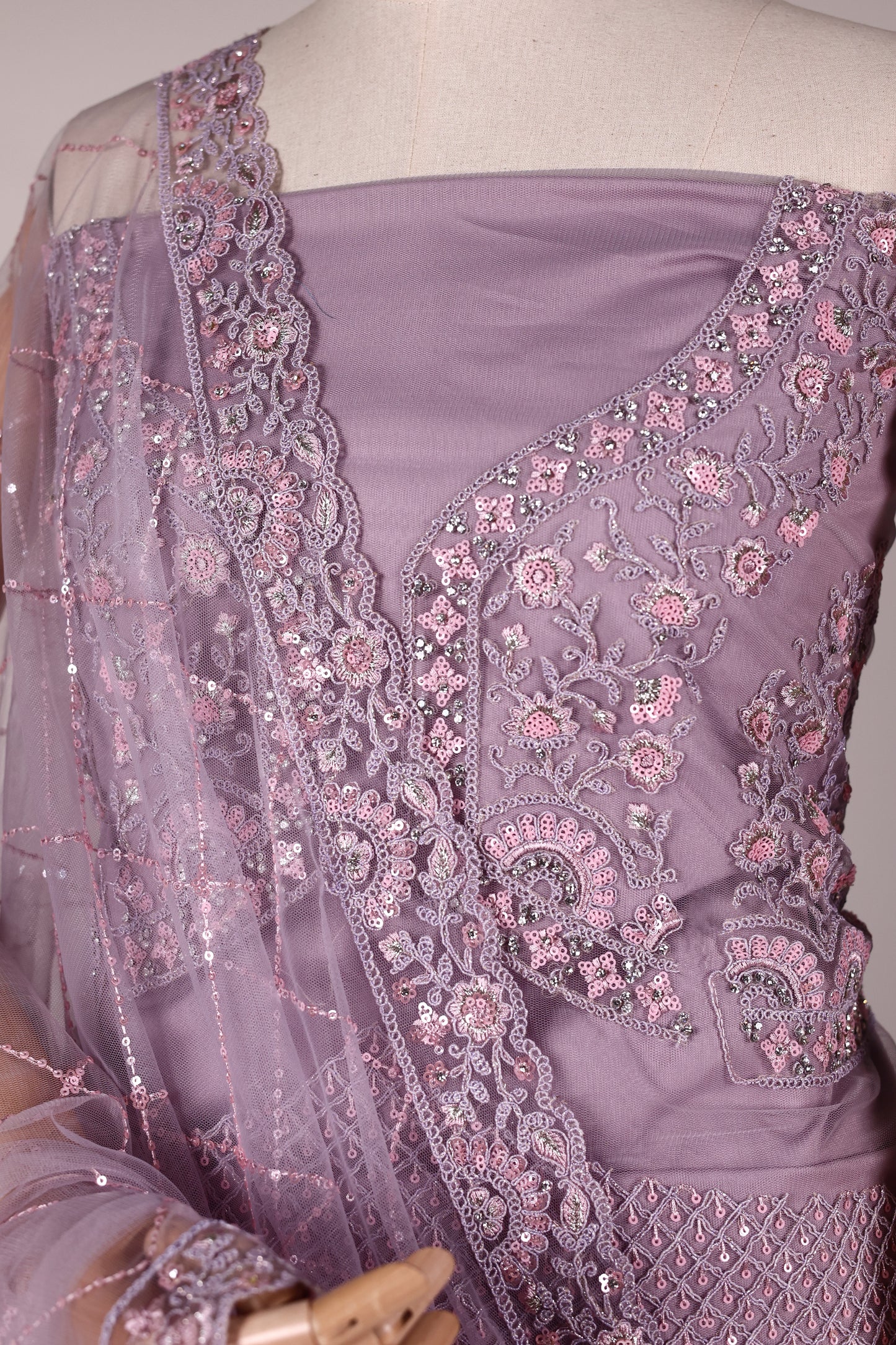 Light Lavender Net Lehenga with Cutdana & Sequin Embroidery, Tassels & Embroidered Dupatta