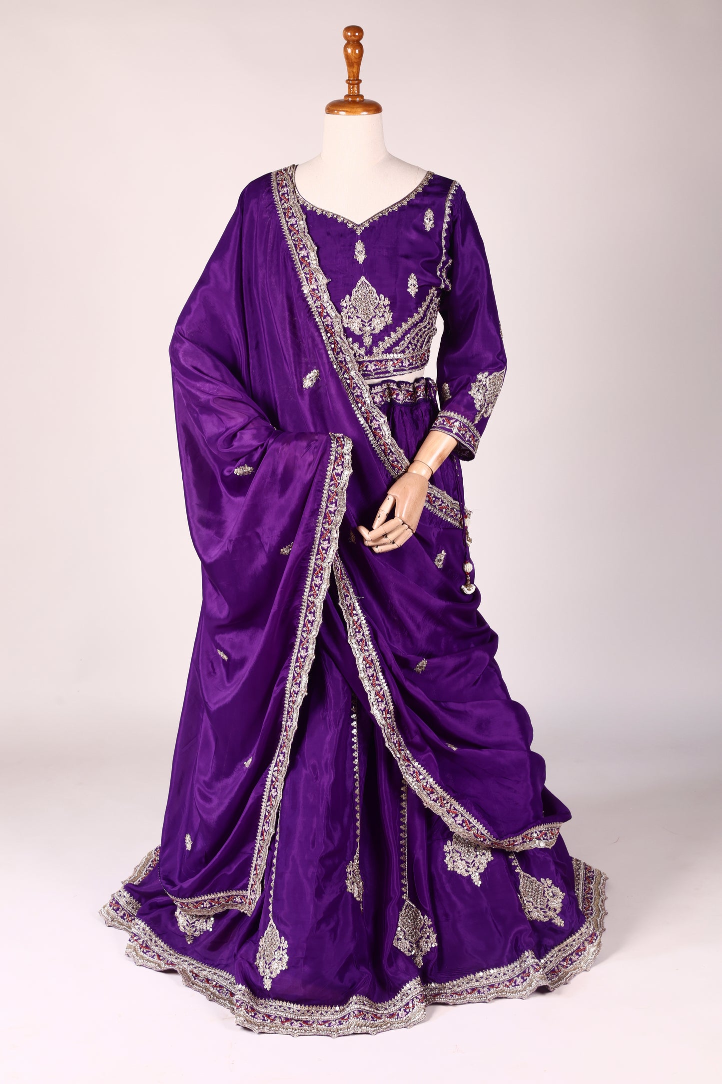 Purple Shantoon Lehenga with Pearl, Tikki & Zari Embroidery and Lace‑Bordered Dupatta