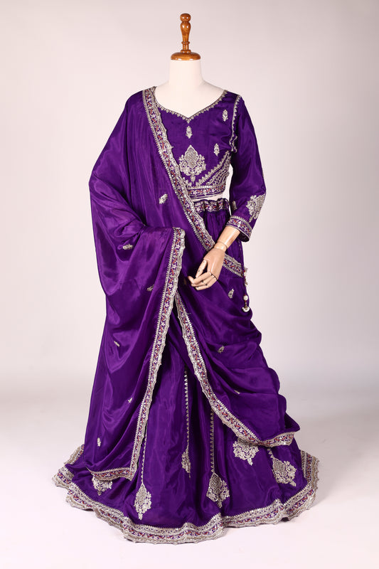 Purple Shantoon Lehenga with Pearl, Tikki & Zari Embroidery and Lace‑Bordered Dupatta