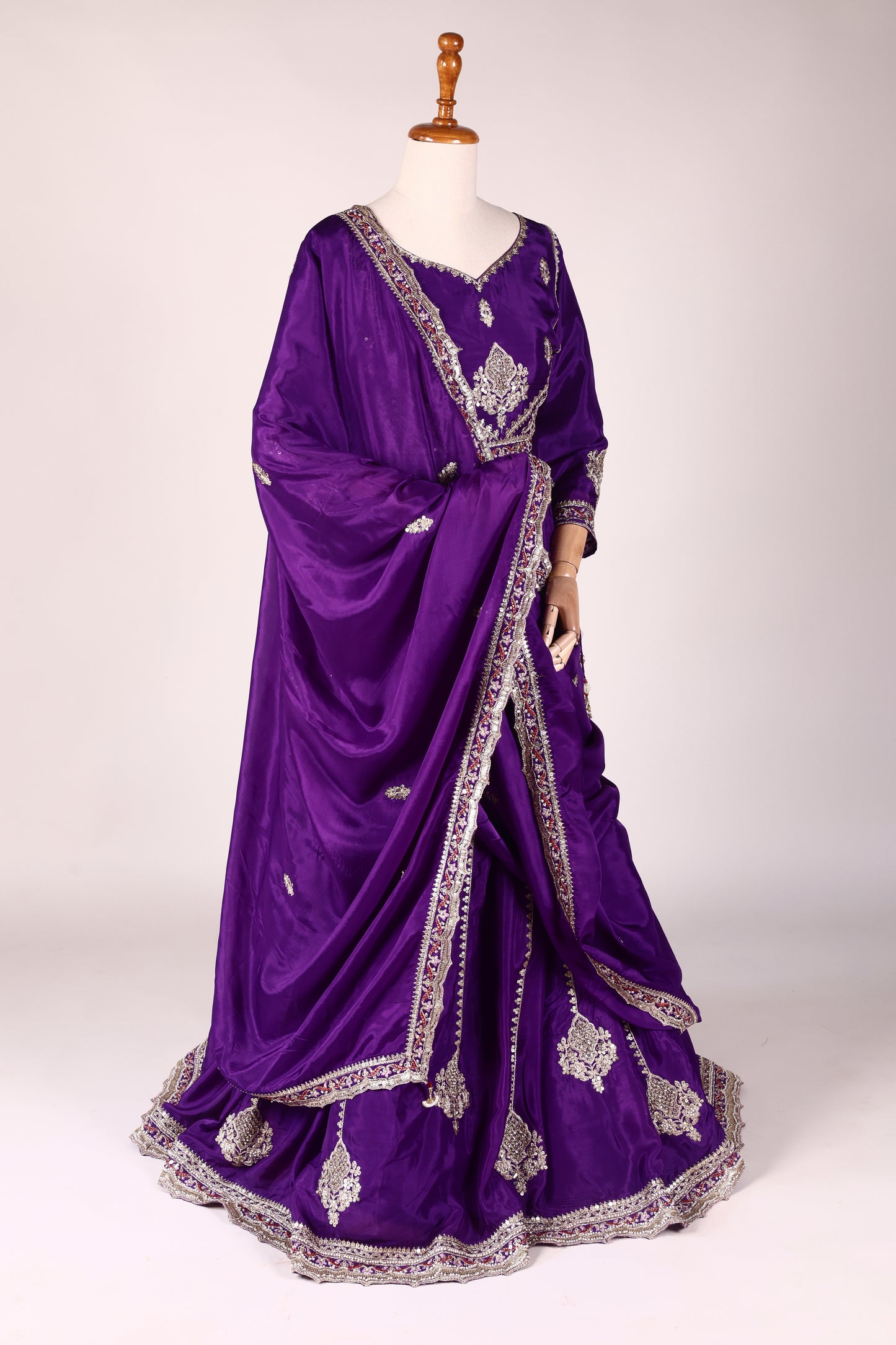 Purple Shantoon Lehenga with Pearl, Tikki & Zari Embroidery and Lace‑Bordered Dupatta