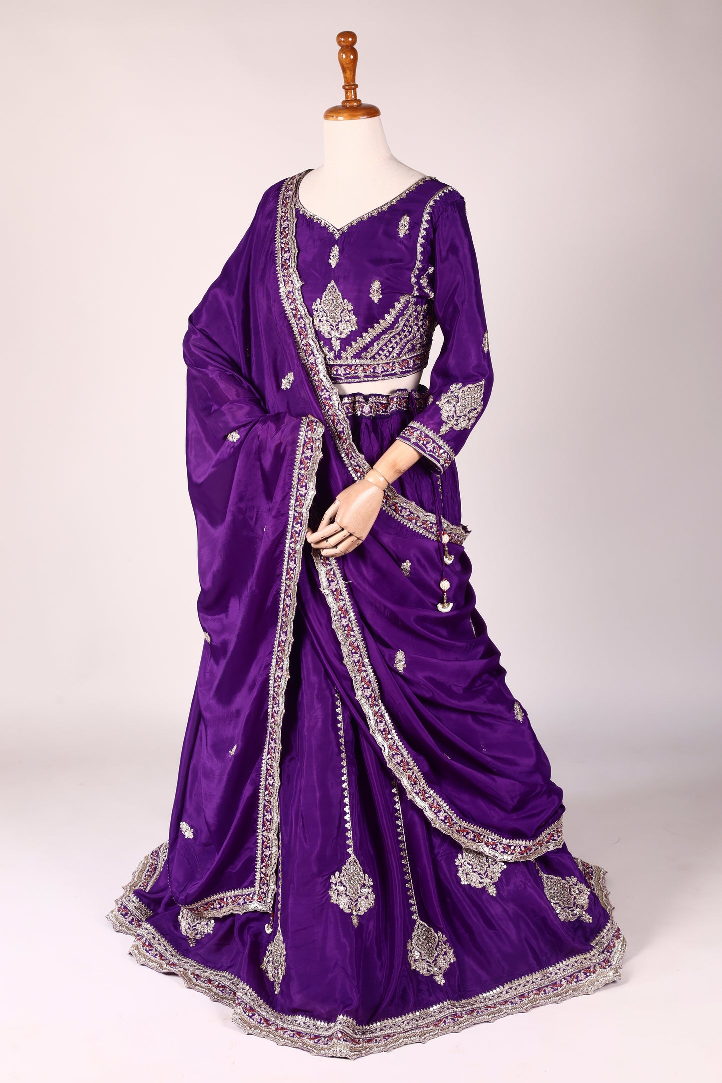 Purple Shantoon Lehenga with Pearl, Tikki & Zari Embroidery and Lace‑Bordered Dupatta