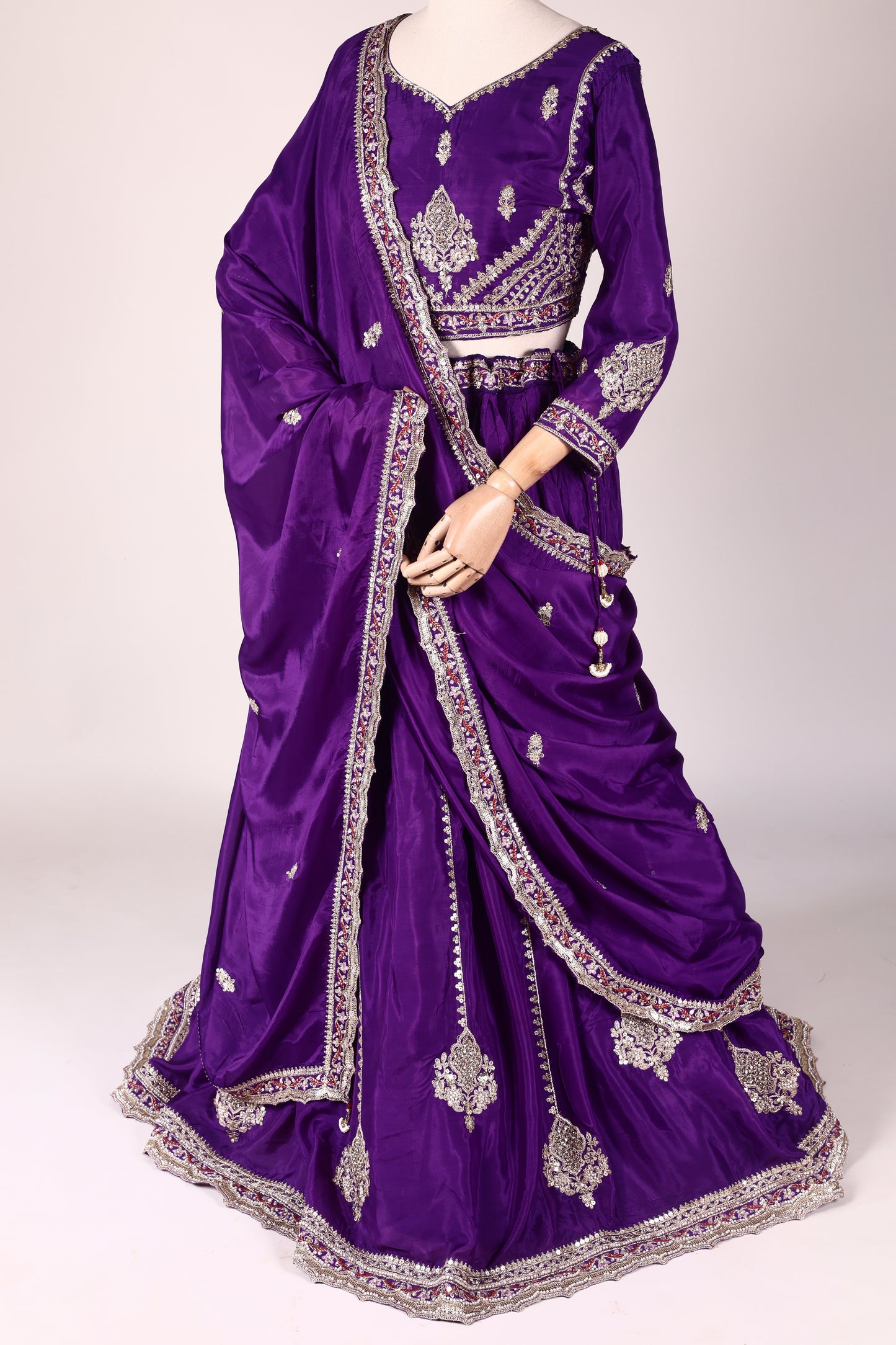 Purple Shantoon Lehenga with Pearl, Tikki & Zari Embroidery and Lace‑Bordered Dupatta