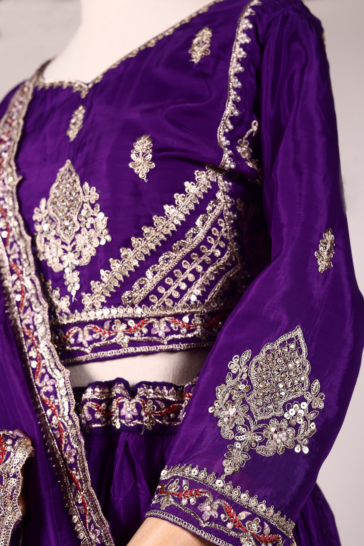Purple Shantoon Lehenga with Pearl, Tikki & Zari Embroidery and Lace‑Bordered Dupatta