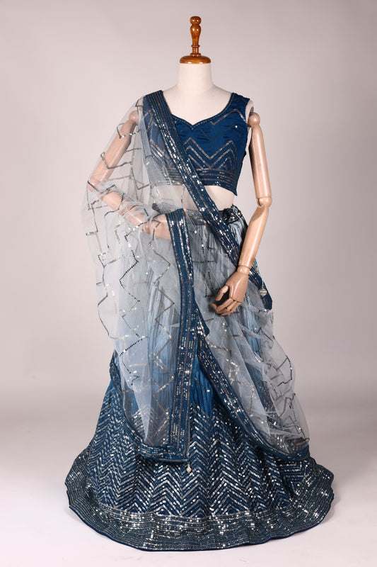 Blue & Light Blue Ombre Lehenga with All‑Over Sequin Embroidery and Ombre Net Dupatta