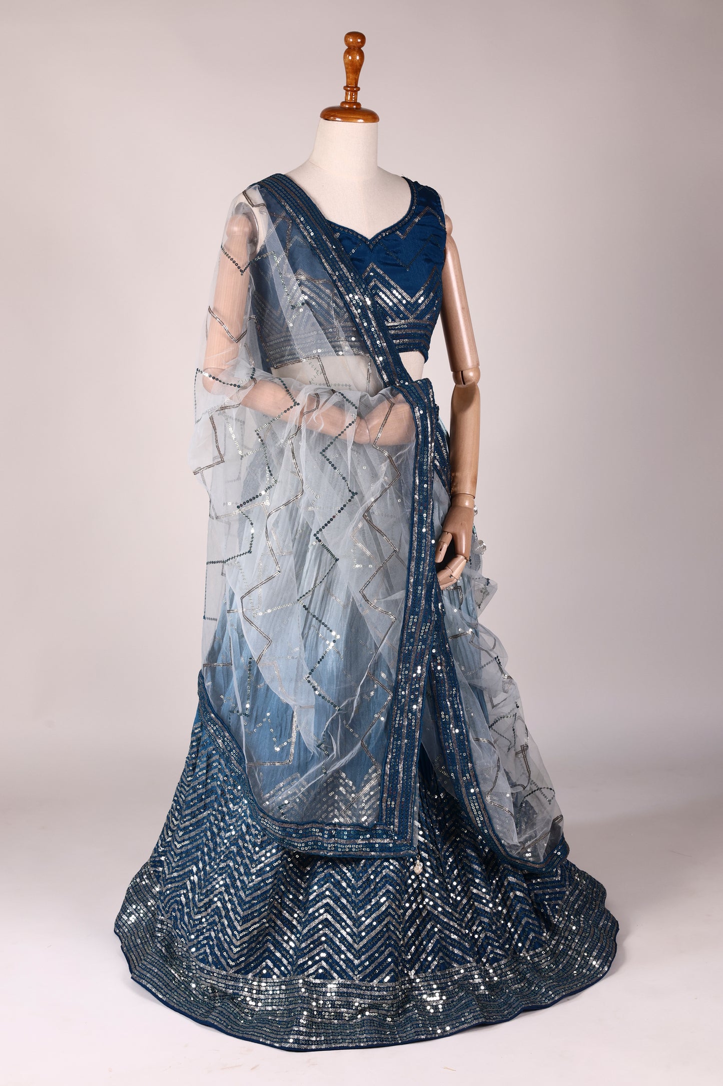 Blue & Light Blue Ombre Lehenga with All‑Over Sequin Embroidery and Ombre Net Dupatta