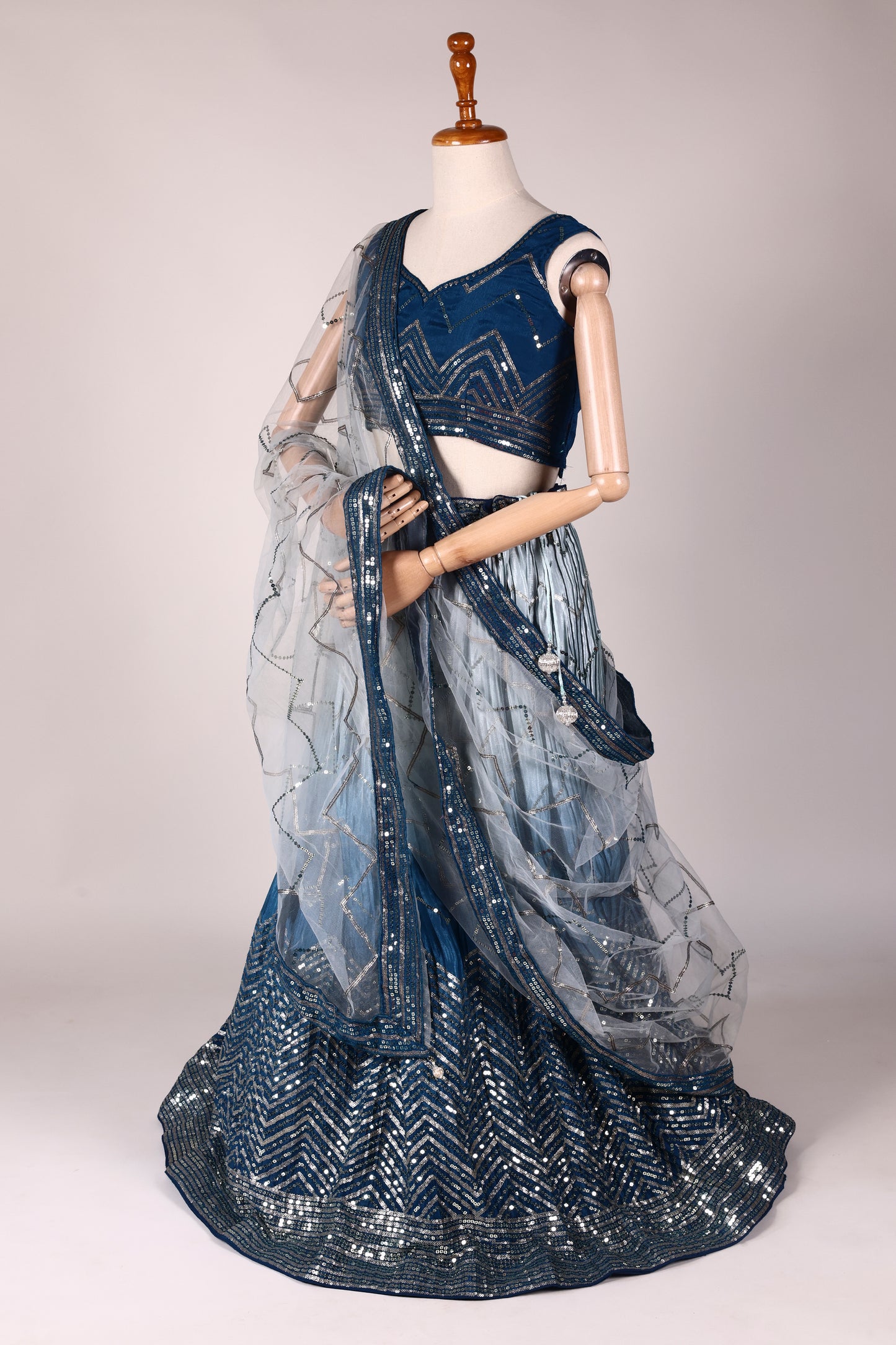 Blue & Light Blue Ombre Lehenga with All‑Over Sequin Embroidery and Ombre Net Dupatta
