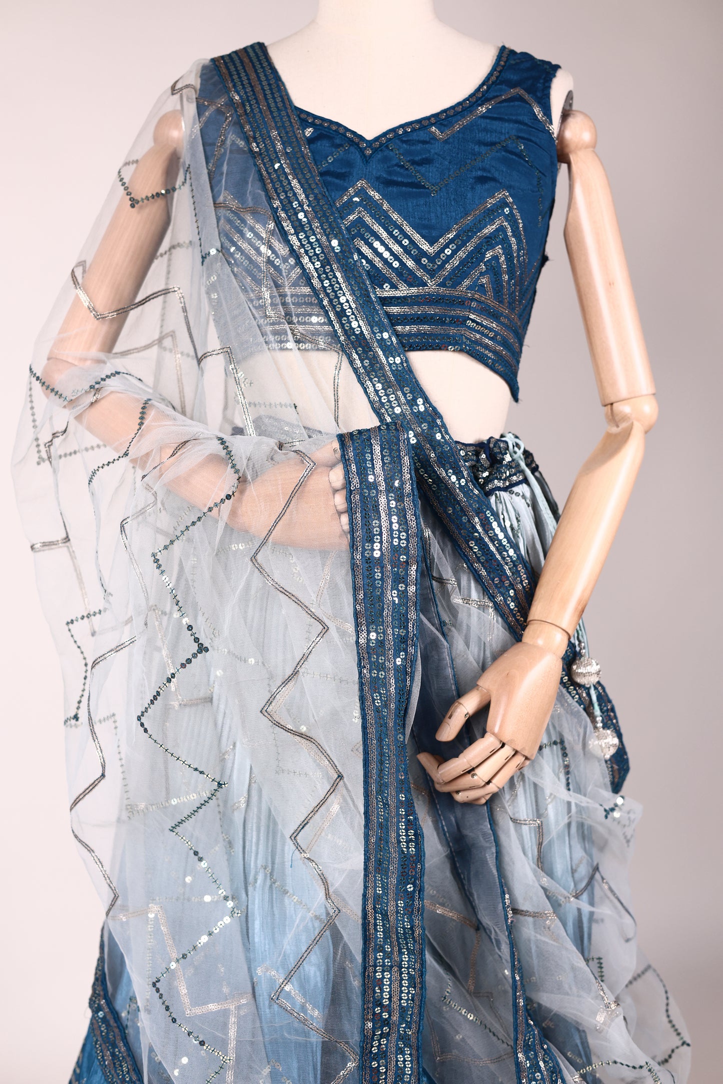 Blue & Light Blue Ombre Lehenga with All‑Over Sequin Embroidery and Ombre Net Dupatta