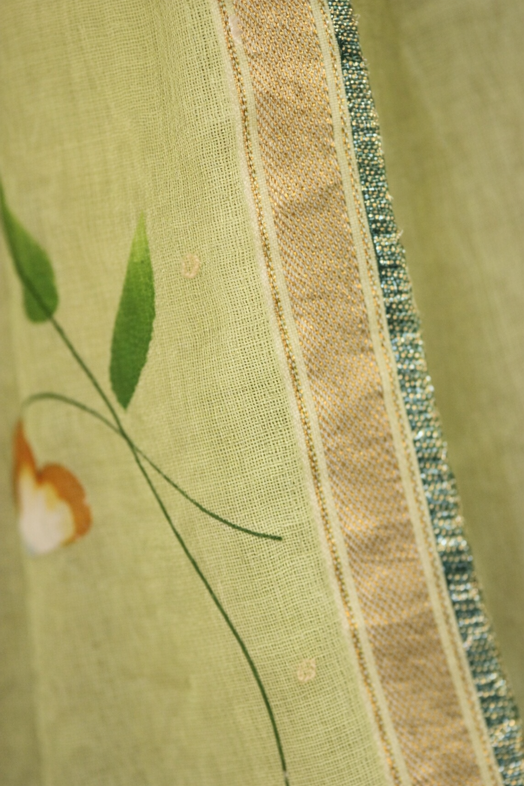 Lime Green Hand‑Painted Cotton Saree with Lurex Lace Borders & Brocade Accents