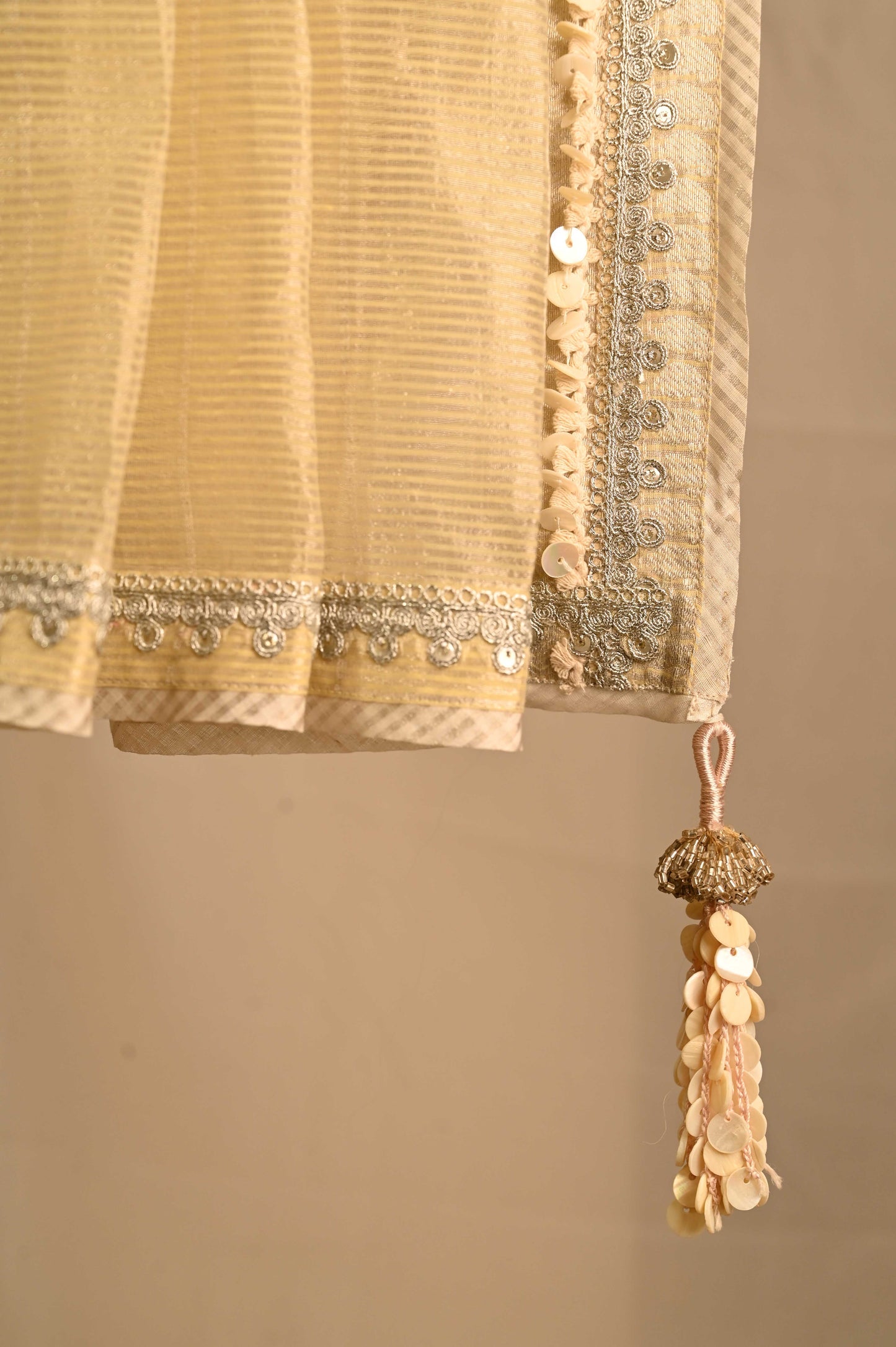 Yellow Chanderi Saree Embellished With Silver Lace And Shells Button