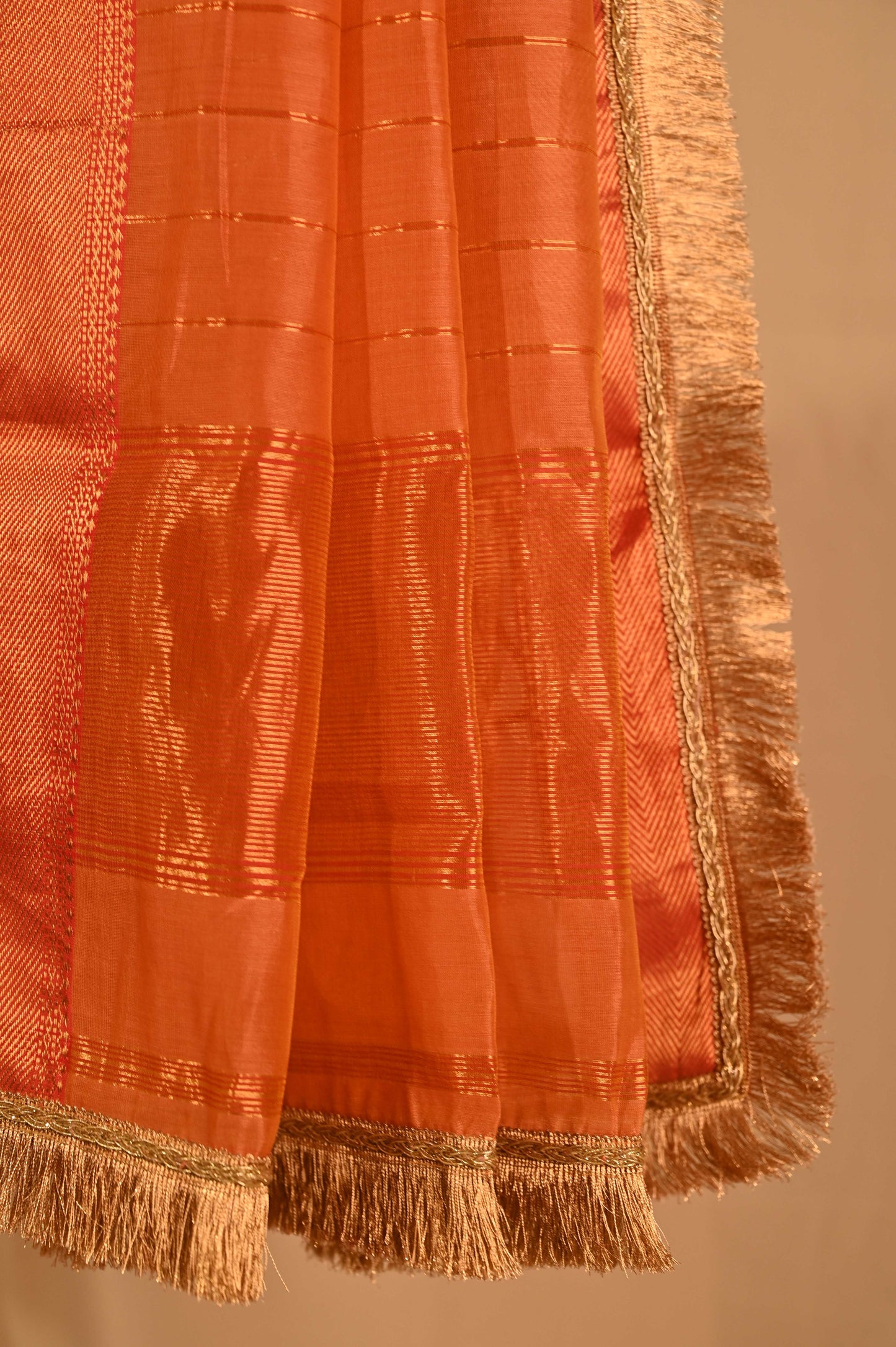 Peach Chanderi Saree With Gold Zari Border