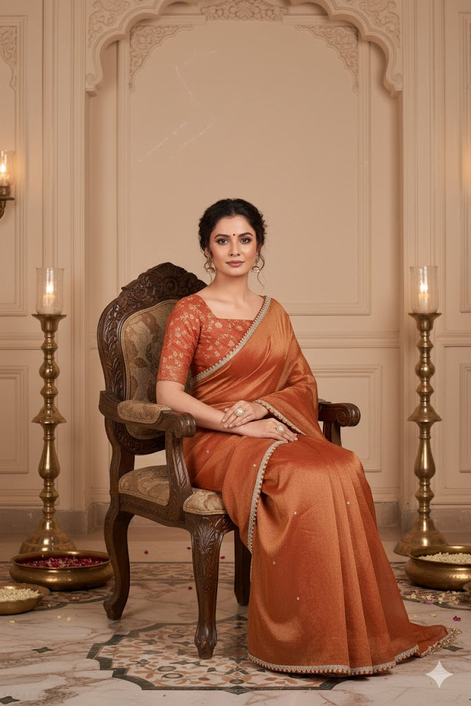 Earthy Rust Tissue Saree with Lace Border and Tassel Details