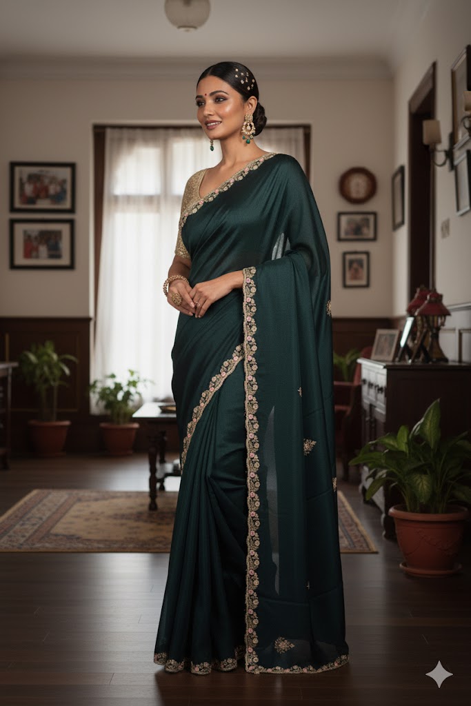 Teal Green Elegance: Handcrafted Organza Saree