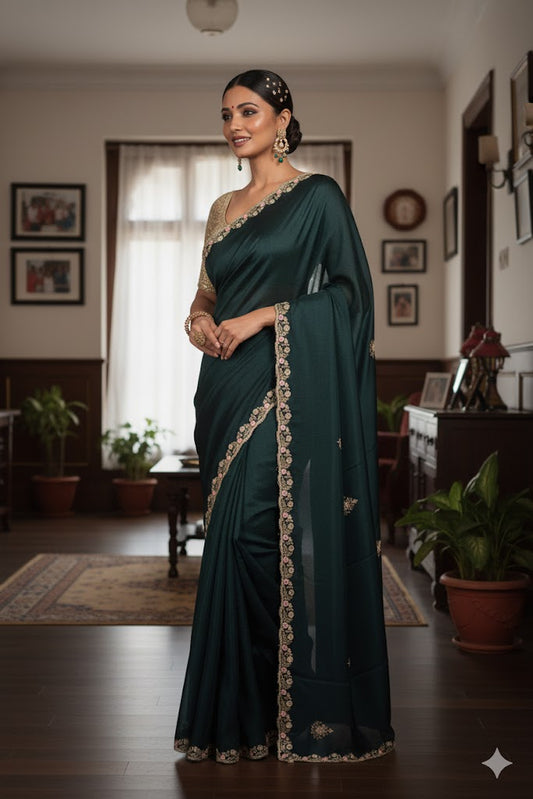 Teal Green Elegance: Handcrafted Organza Saree