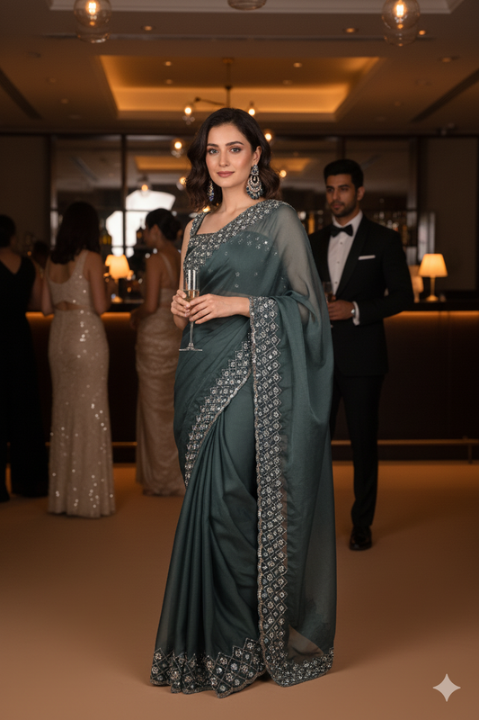 Enchanted Teal Blue Organza Saree with Hand Embroidery