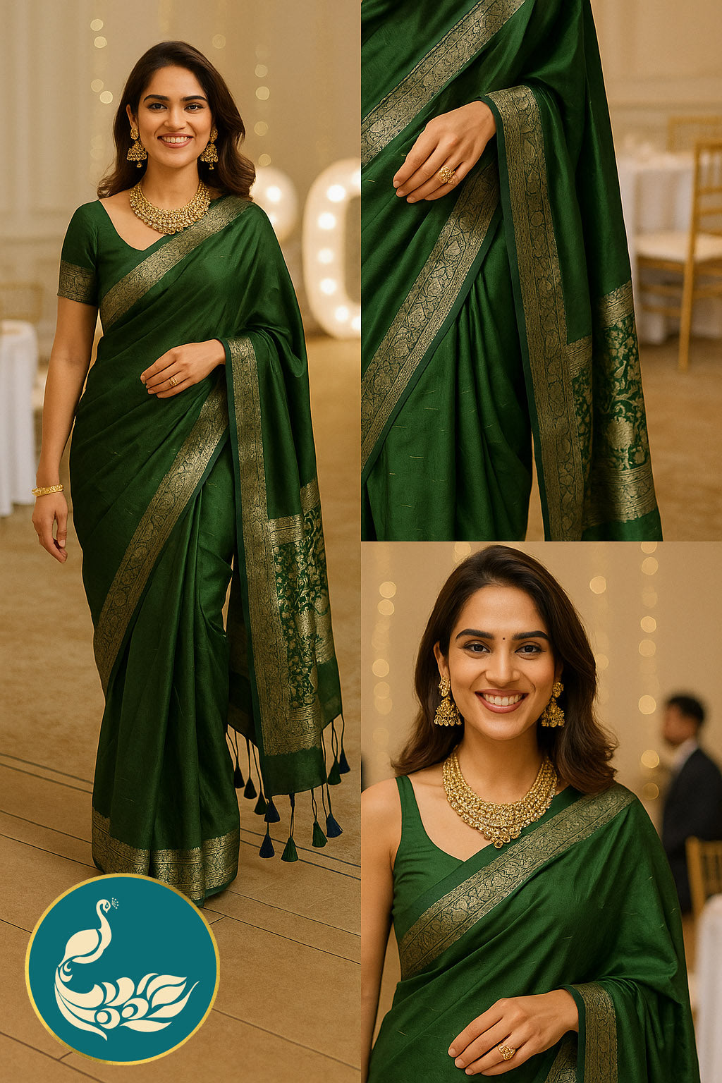 Green Art Silk Saree with Woven Zari Border and Sequins