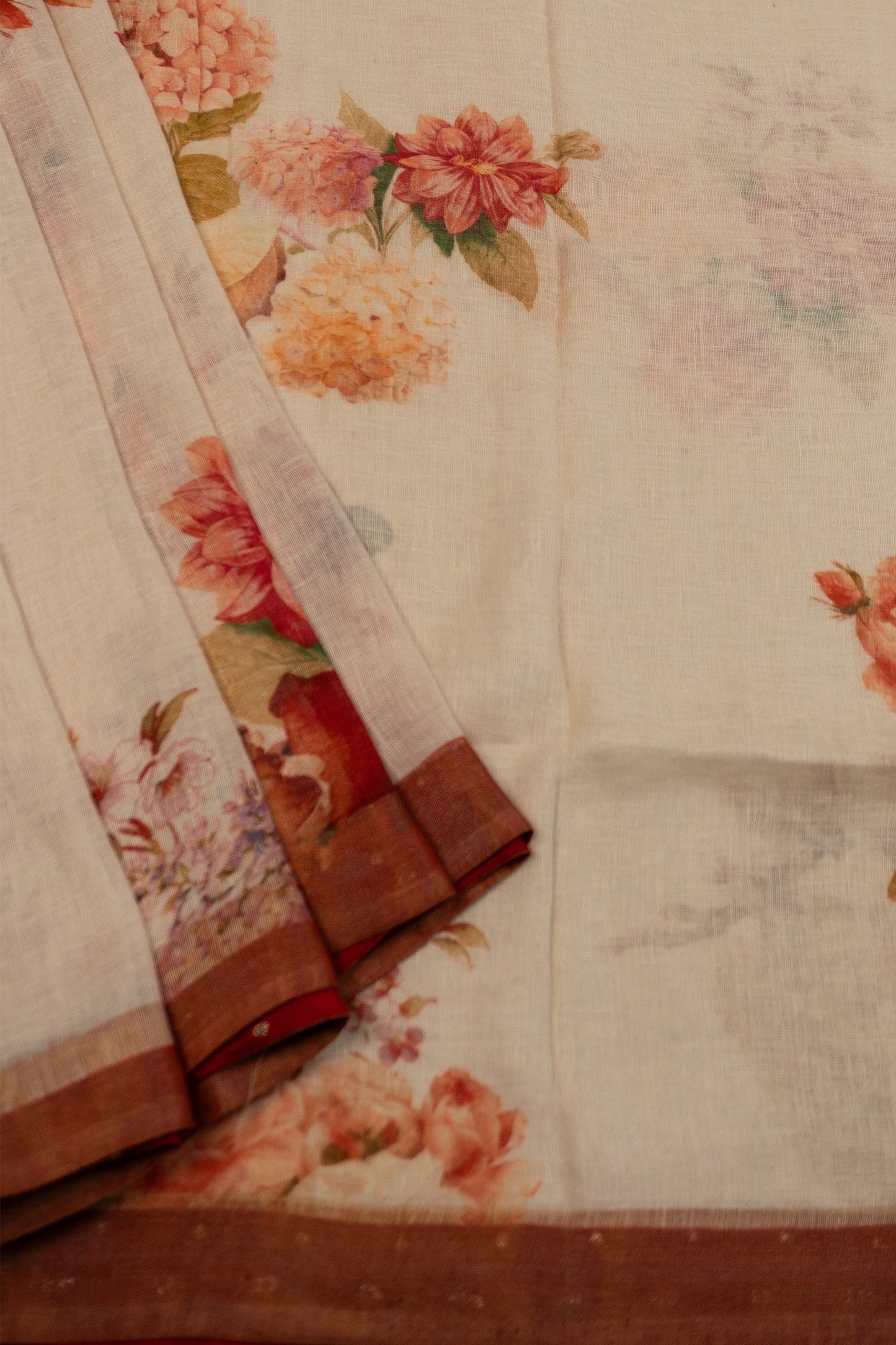 Cream and Maroon Linen Saree with Brocade Facing and Pearl Tassels on Pallu