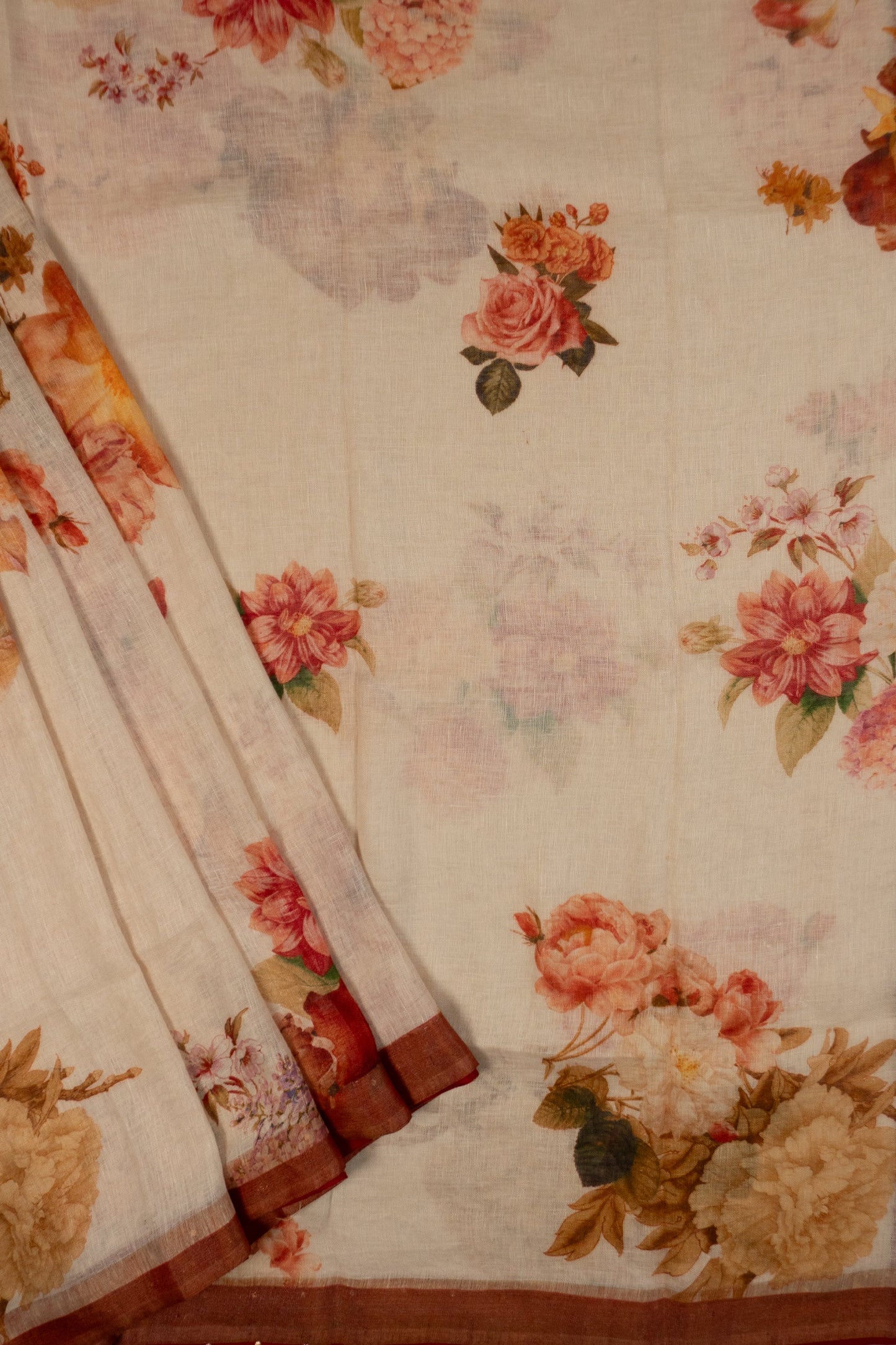 Cream and Maroon Linen Saree with Brocade Facing and Pearl Tassels on Pallu