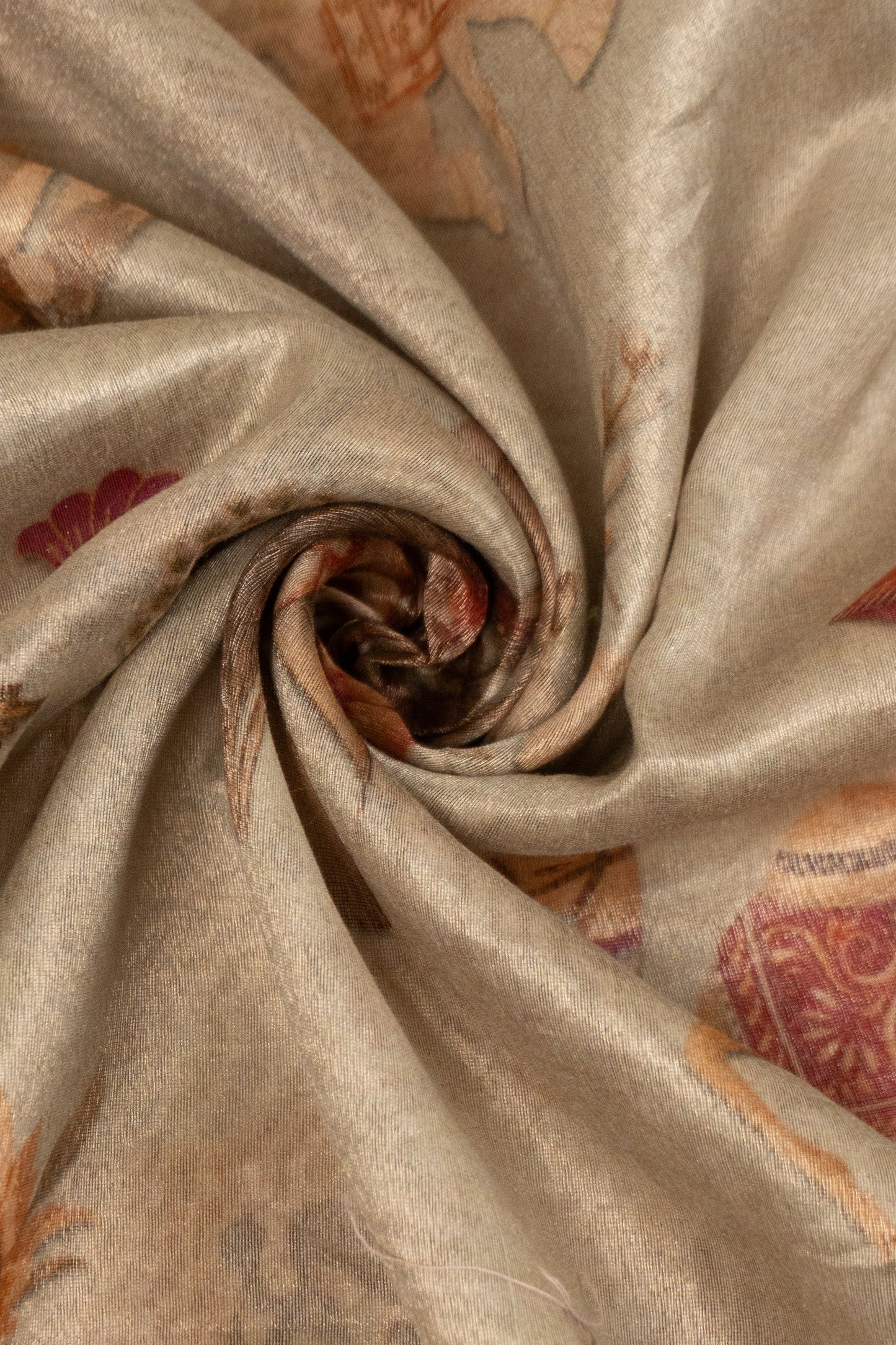 Sage Green Soft Tissue Digital Printed Saree with Pink Gold Tissue Facing and Tassels in the Pallu