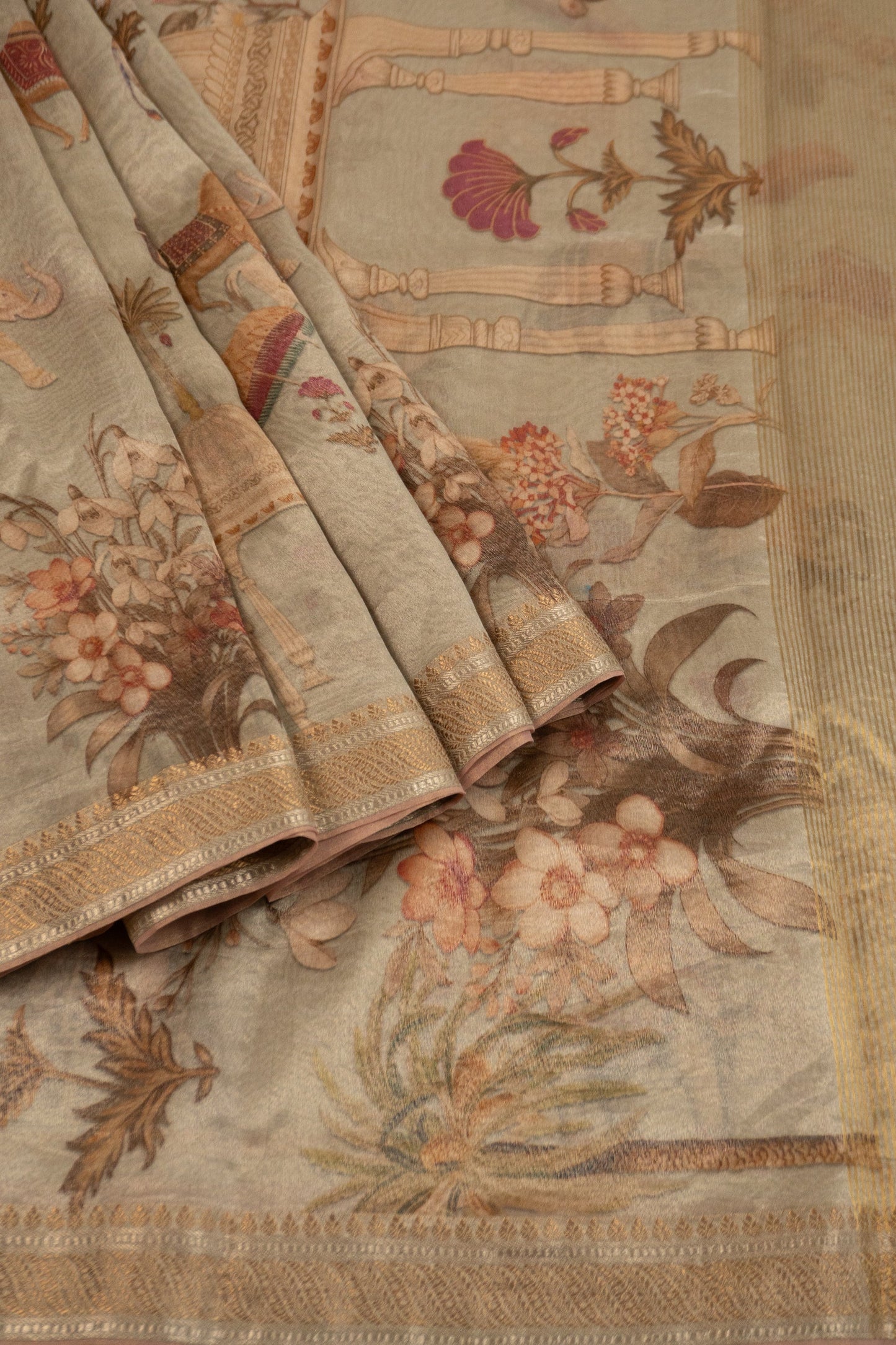 Sage Green Soft Tissue Digital Printed Saree with Pink Gold Tissue Facing and Tassels in the Pallu