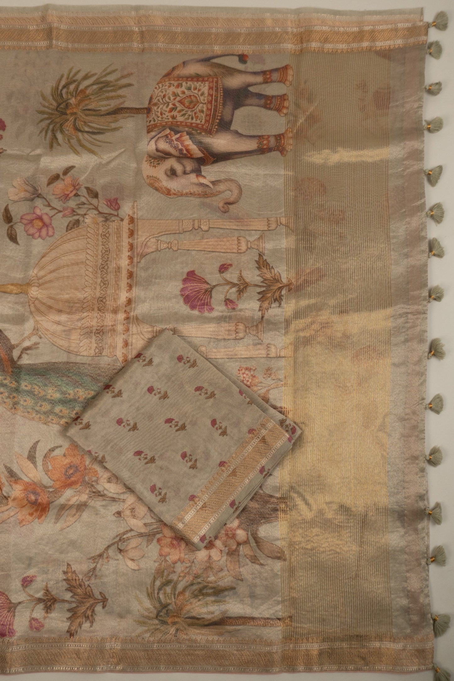 Sage Green Soft Tissue Digital Printed Saree with Pink Gold Tissue Facing and Tassels in the Pallu