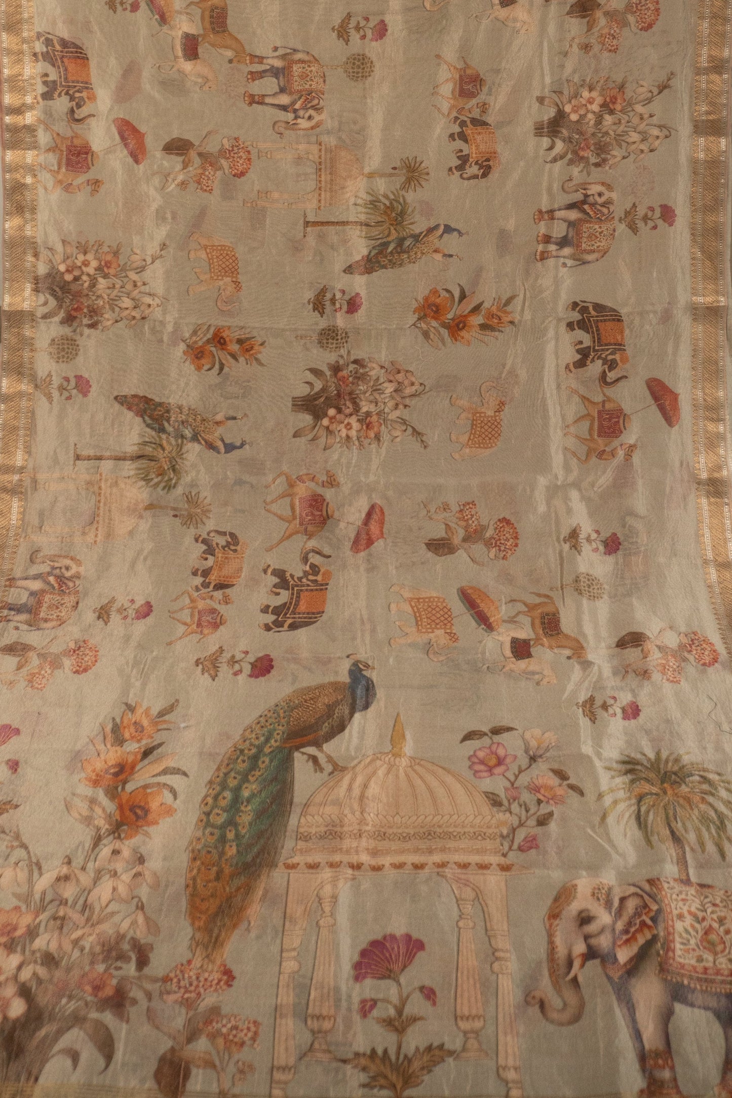 Sage Green Soft Tissue Digital Printed Saree with Pink Gold Tissue Facing and Tassels in the Pallu