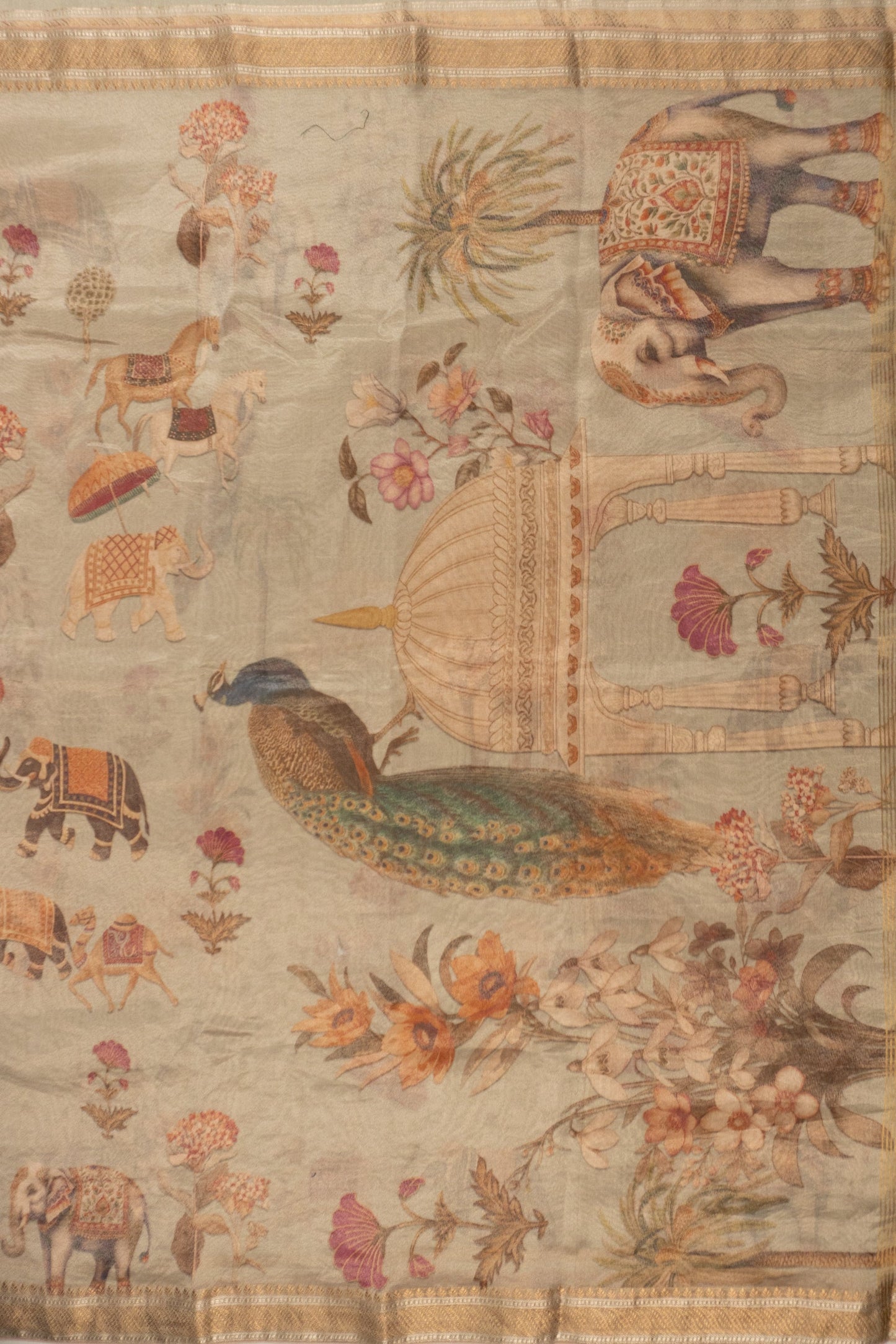 Sage Green Soft Tissue Digital Printed Saree with Pink Gold Tissue Facing and Tassels in the Pallu