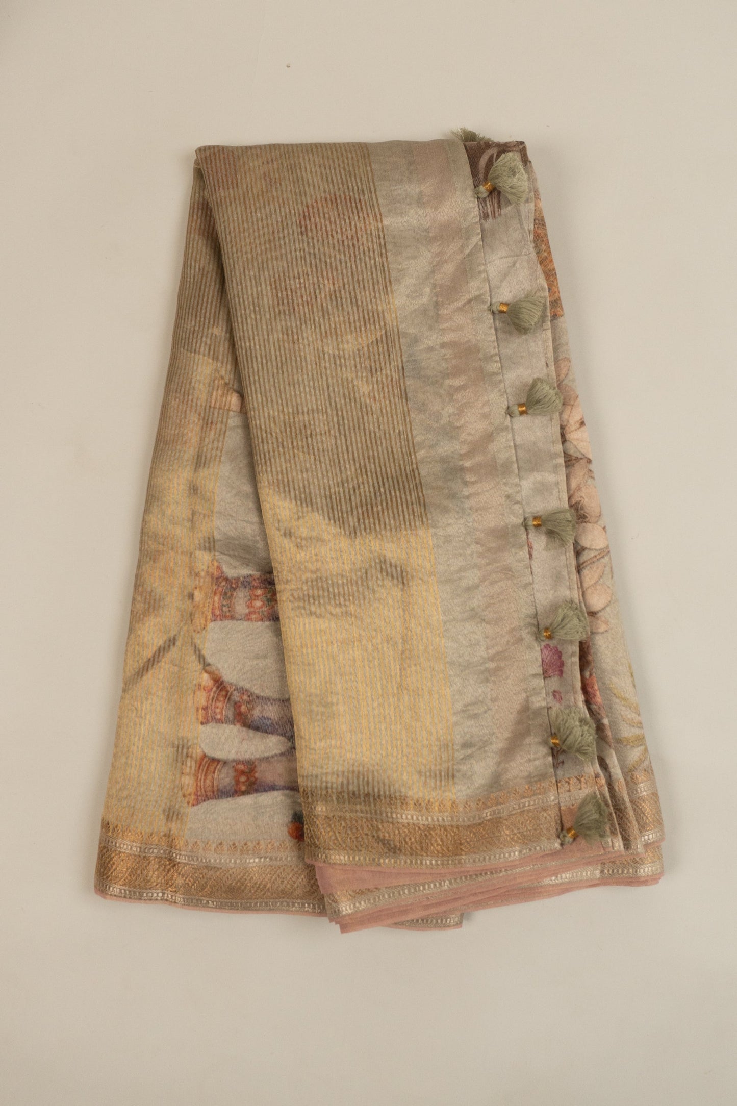 Sage Green Soft Tissue Digital Printed Saree with Pink Gold Tissue Facing and Tassels in the Pallu