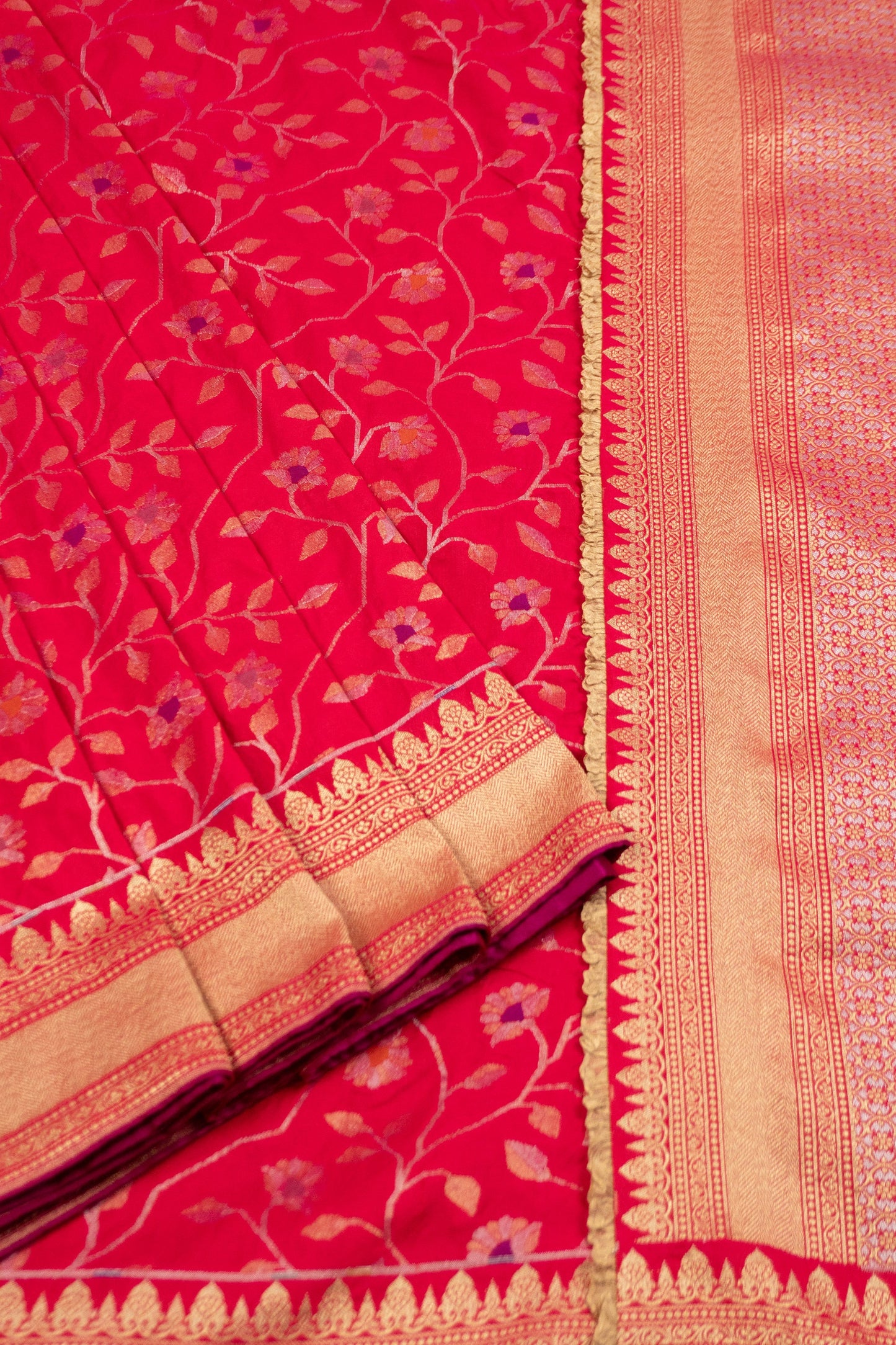 Rani Pink Banarasi Silk Saree with Tissue Organza Frills in Pallu and Blouse, and Silk Facing
