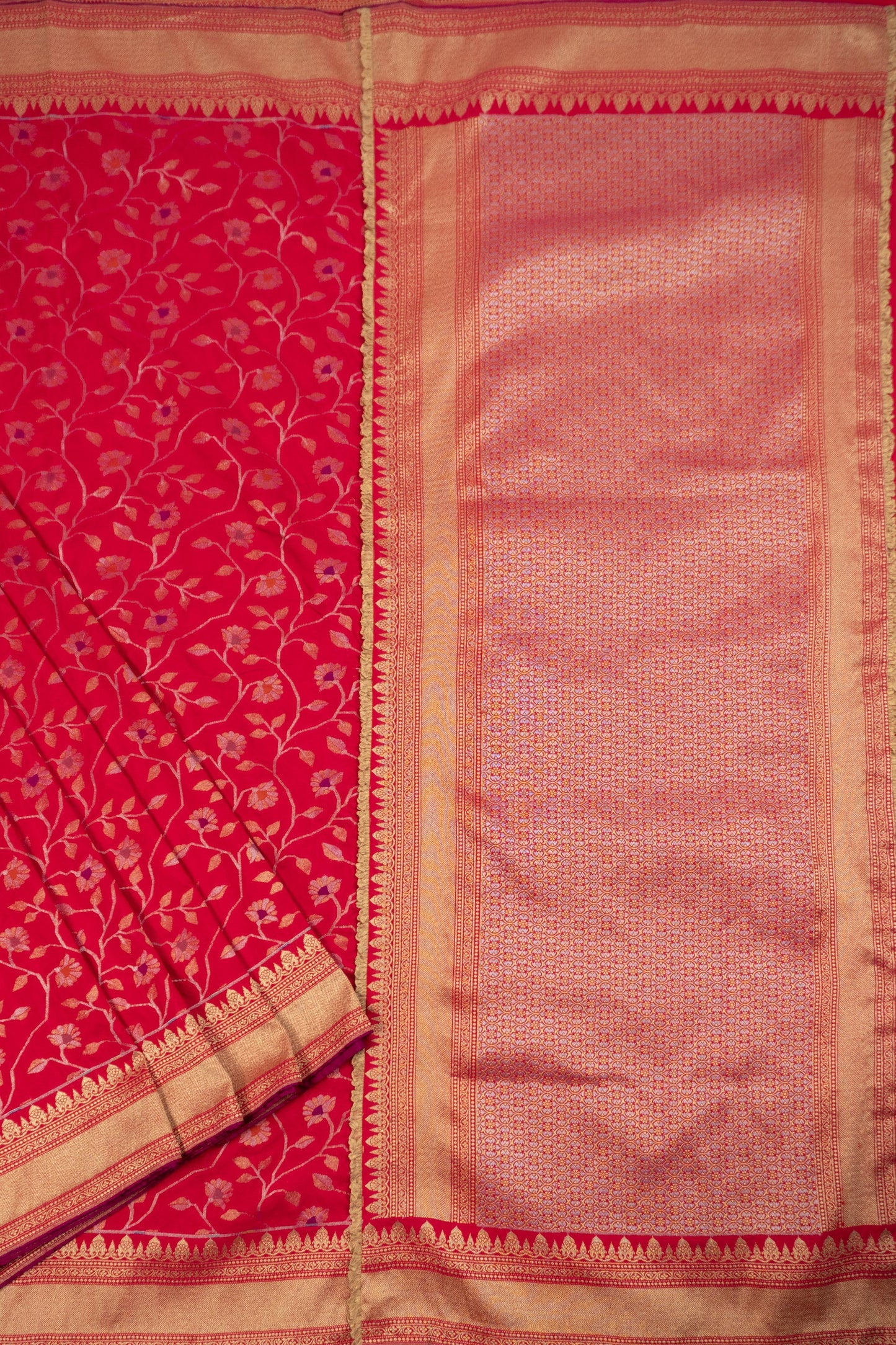 Rani Pink Banarasi Silk Saree with Tissue Organza Frills in Pallu and Blouse, and Silk Facing