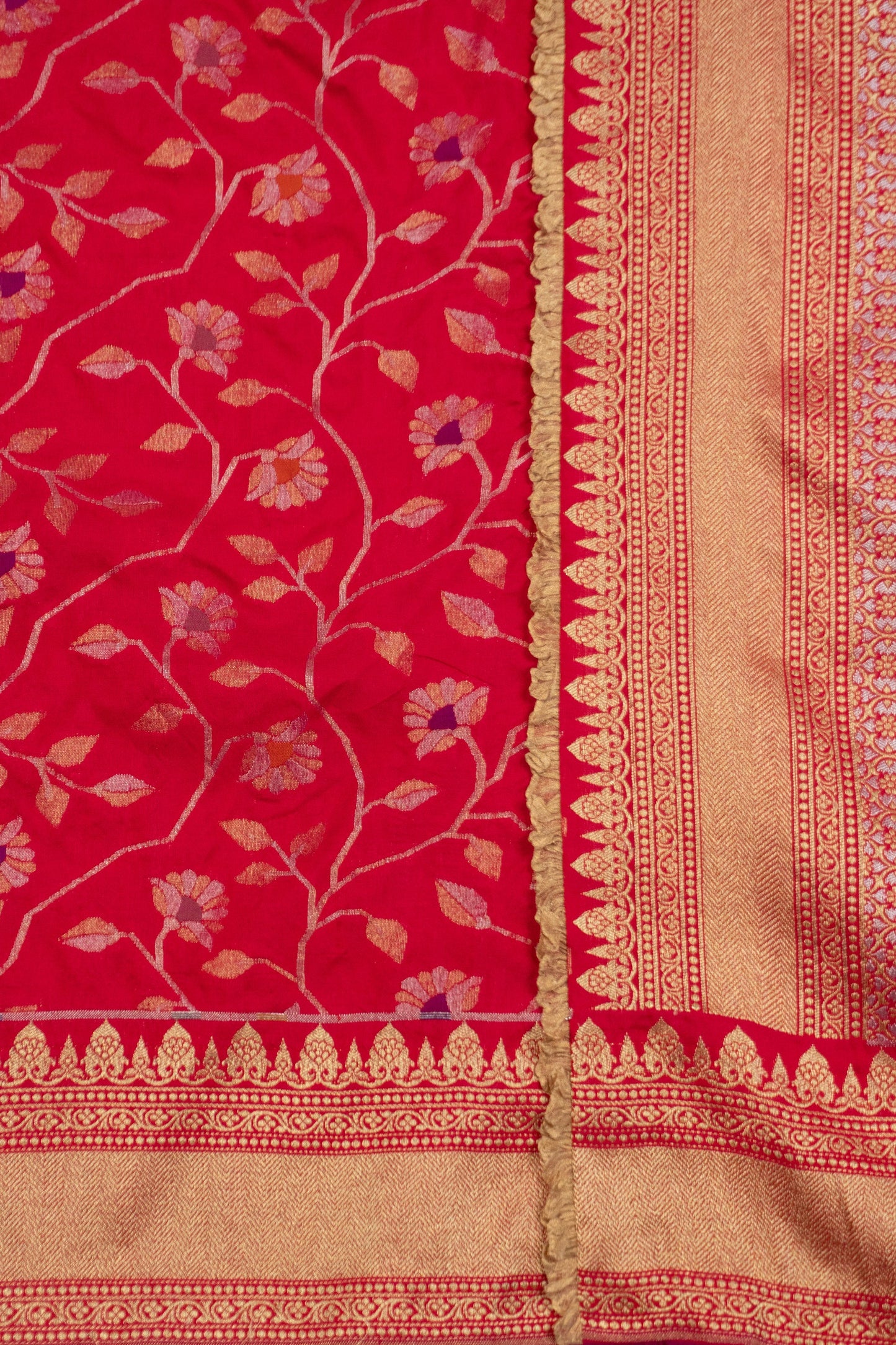 Rani Pink Banarasi Silk Saree with Tissue Organza Frills in Pallu and Blouse, and Silk Facing