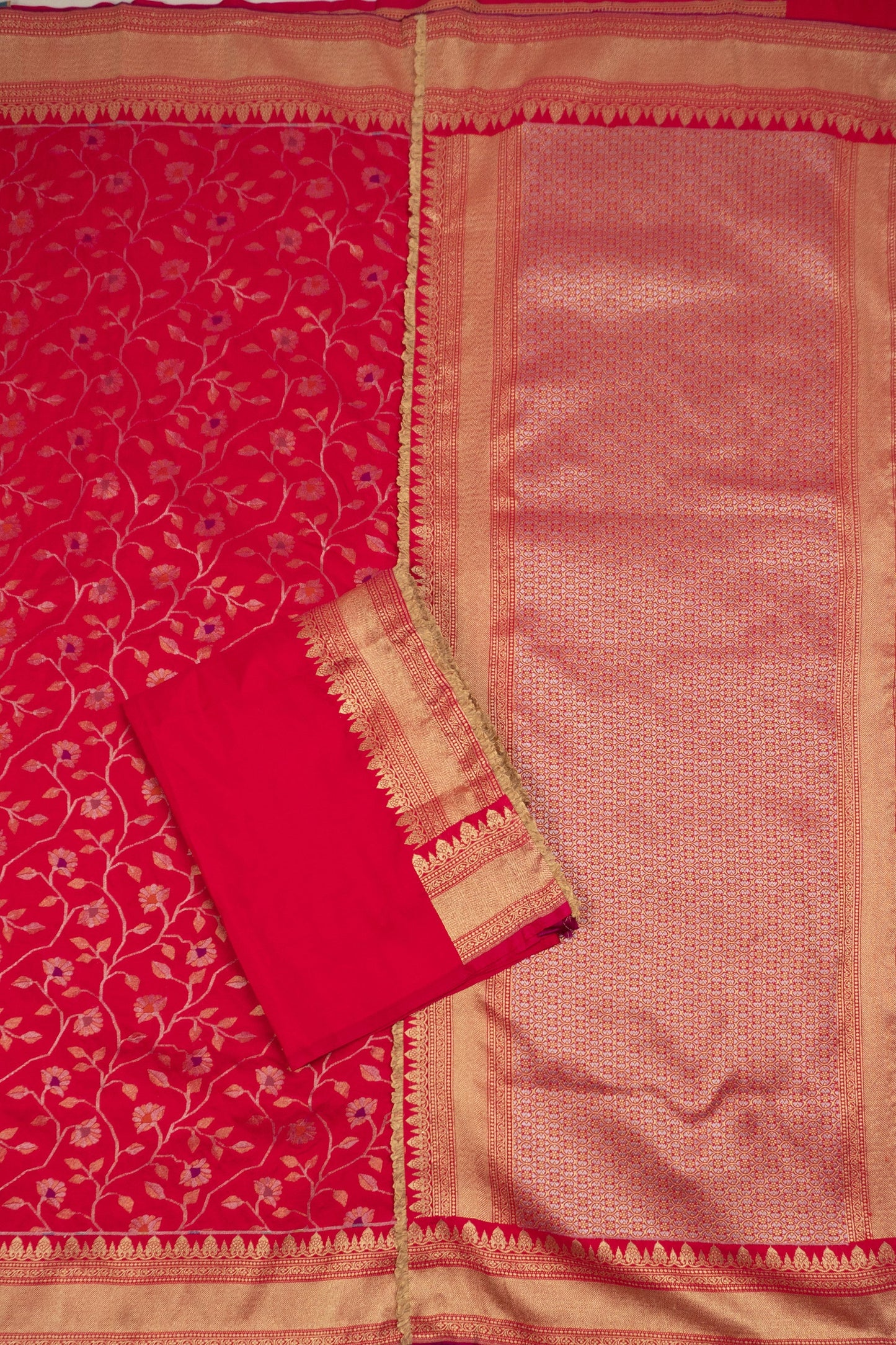 Rani Pink Banarasi Silk Saree with Tissue Organza Frills in Pallu and Blouse, and Silk Facing