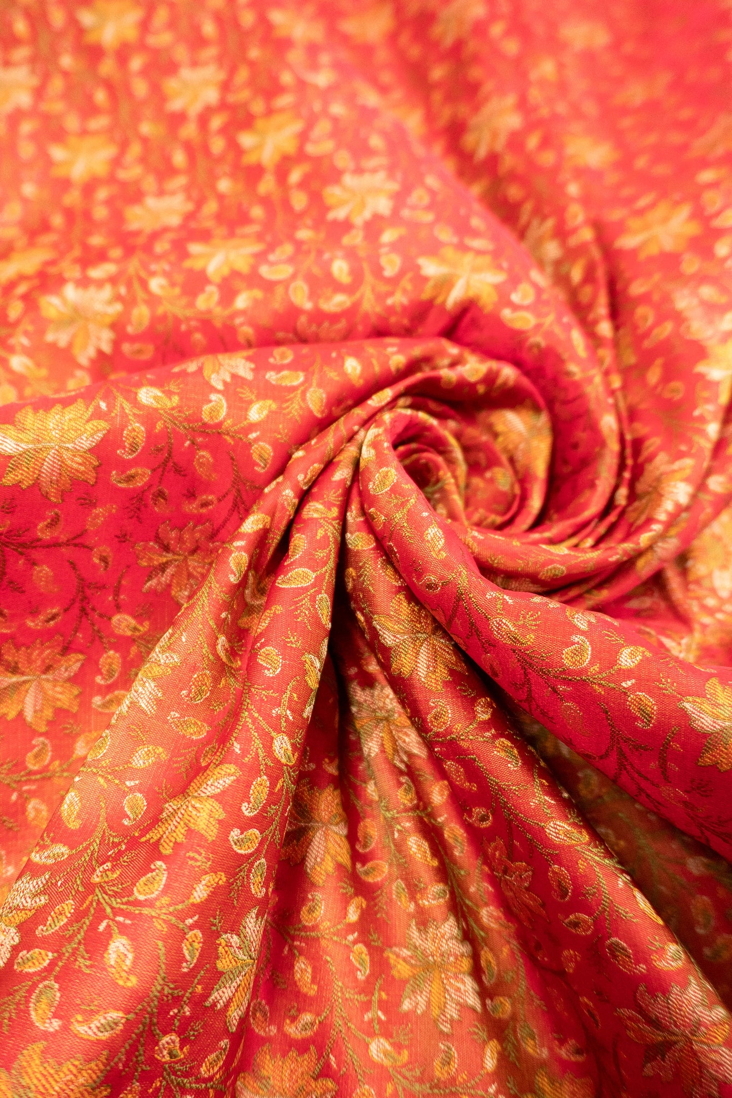 Red and Green Dhoop Chaav Banarasi Silk Saree with All-Over Floral Weaving, Plain Silk Facing, and Tassels on Pallu and Blouse