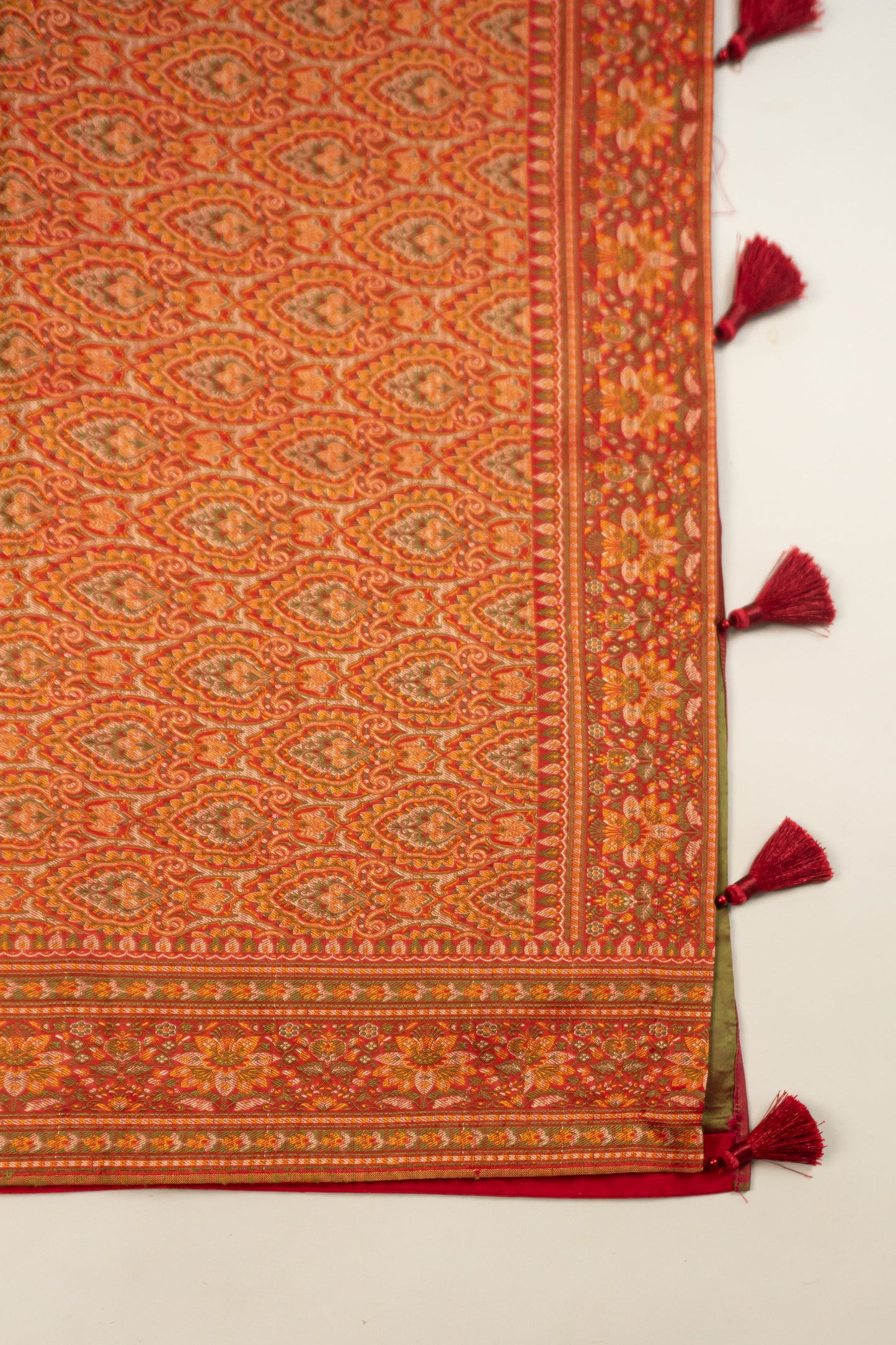 Red and Green Dhoop Chaav Banarasi Silk Saree with All-Over Floral Weaving, Plain Silk Facing, and Tassels on Pallu and Blouse