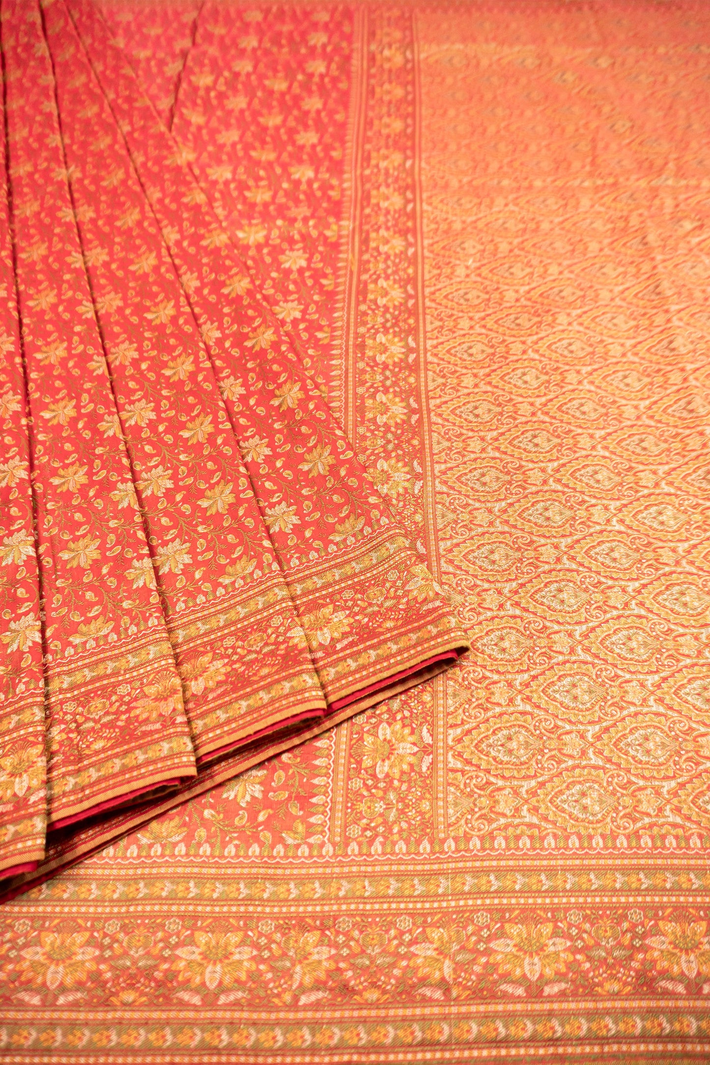 Red and Green Dhoop Chaav Banarasi Silk Saree with All-Over Floral Weaving, Plain Silk Facing, and Tassels on Pallu and Blouse