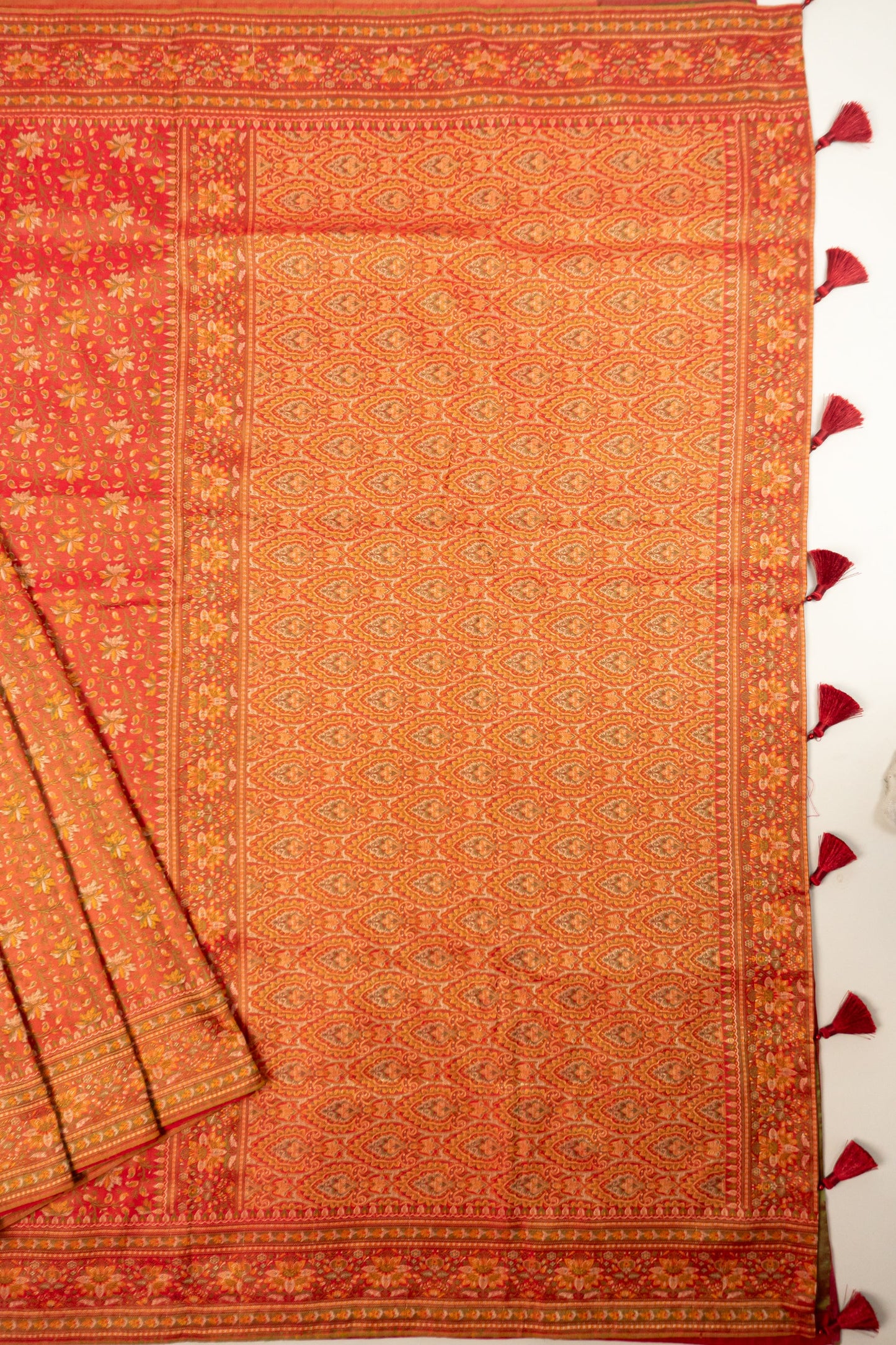 Red and Green Dhoop Chaav Banarasi Silk Saree with All-Over Floral Weaving, Plain Silk Facing, and Tassels on Pallu and Blouse
