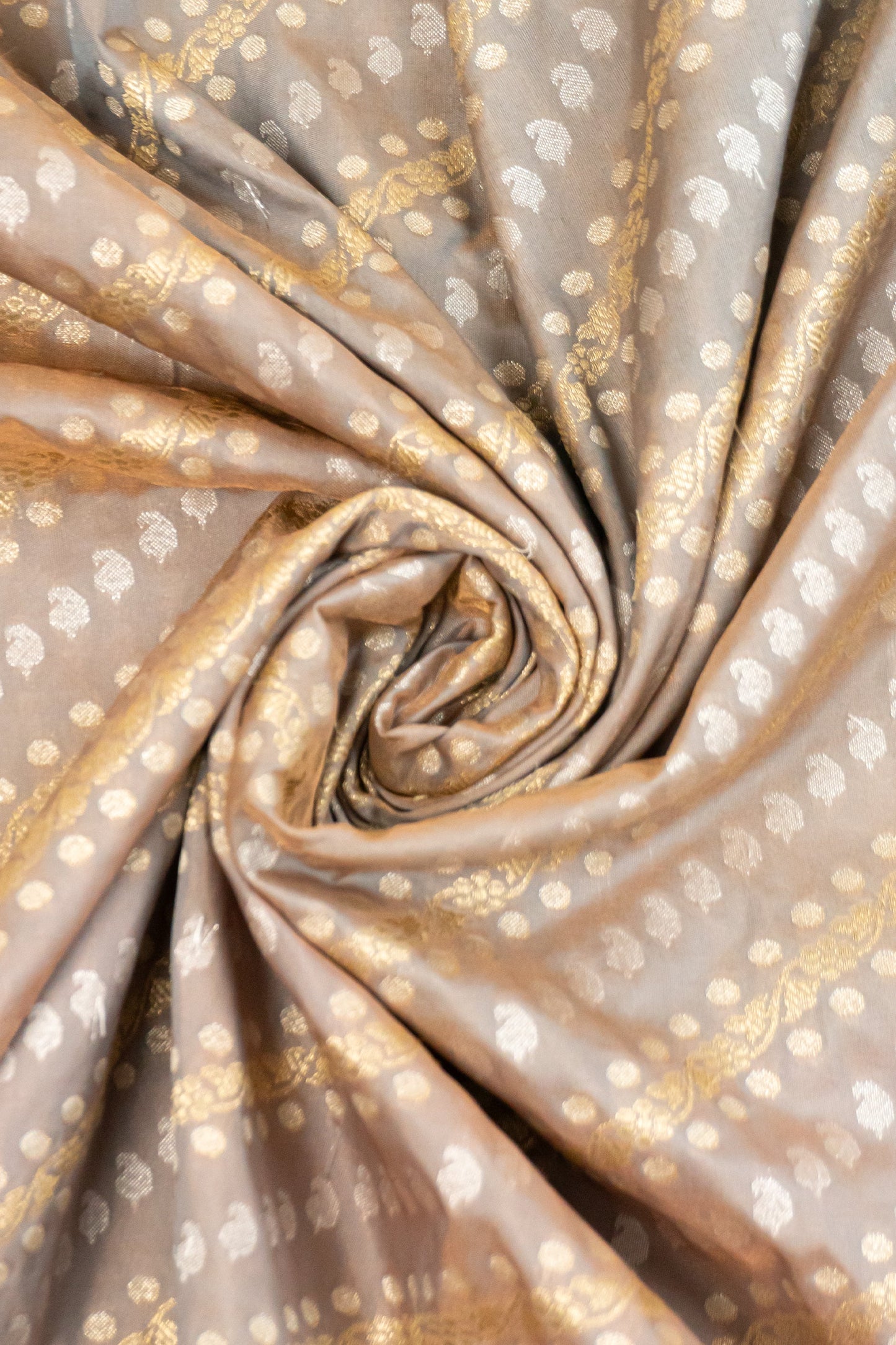 Grey, White, and Gold Banarasi Silk Saree with Butta, Plain Silk Facing, and Tassels on Pallu and Sleeves