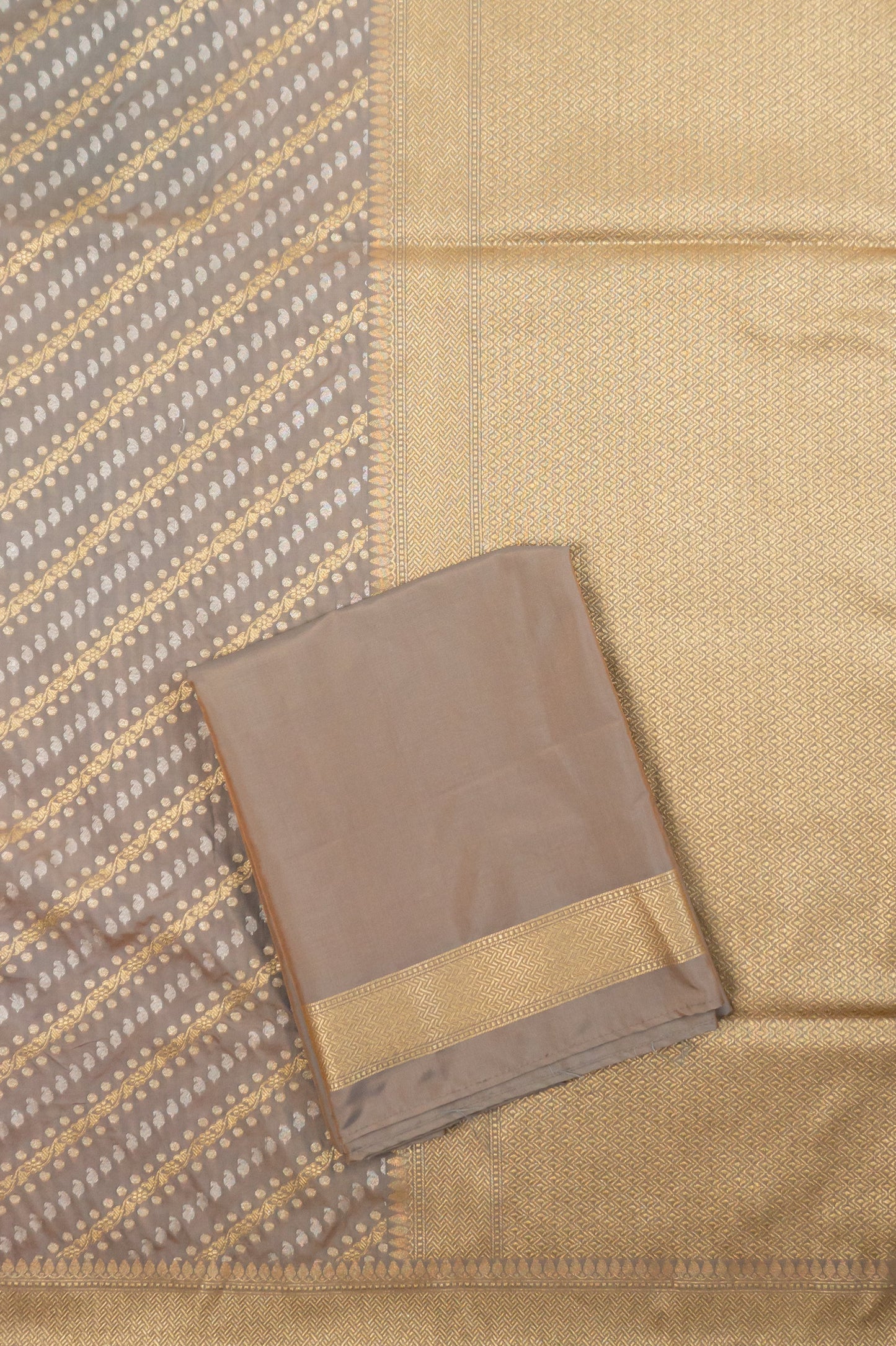 Grey, White, and Gold Banarasi Silk Saree with Butta, Plain Silk Facing, and Tassels on Pallu and Sleeves