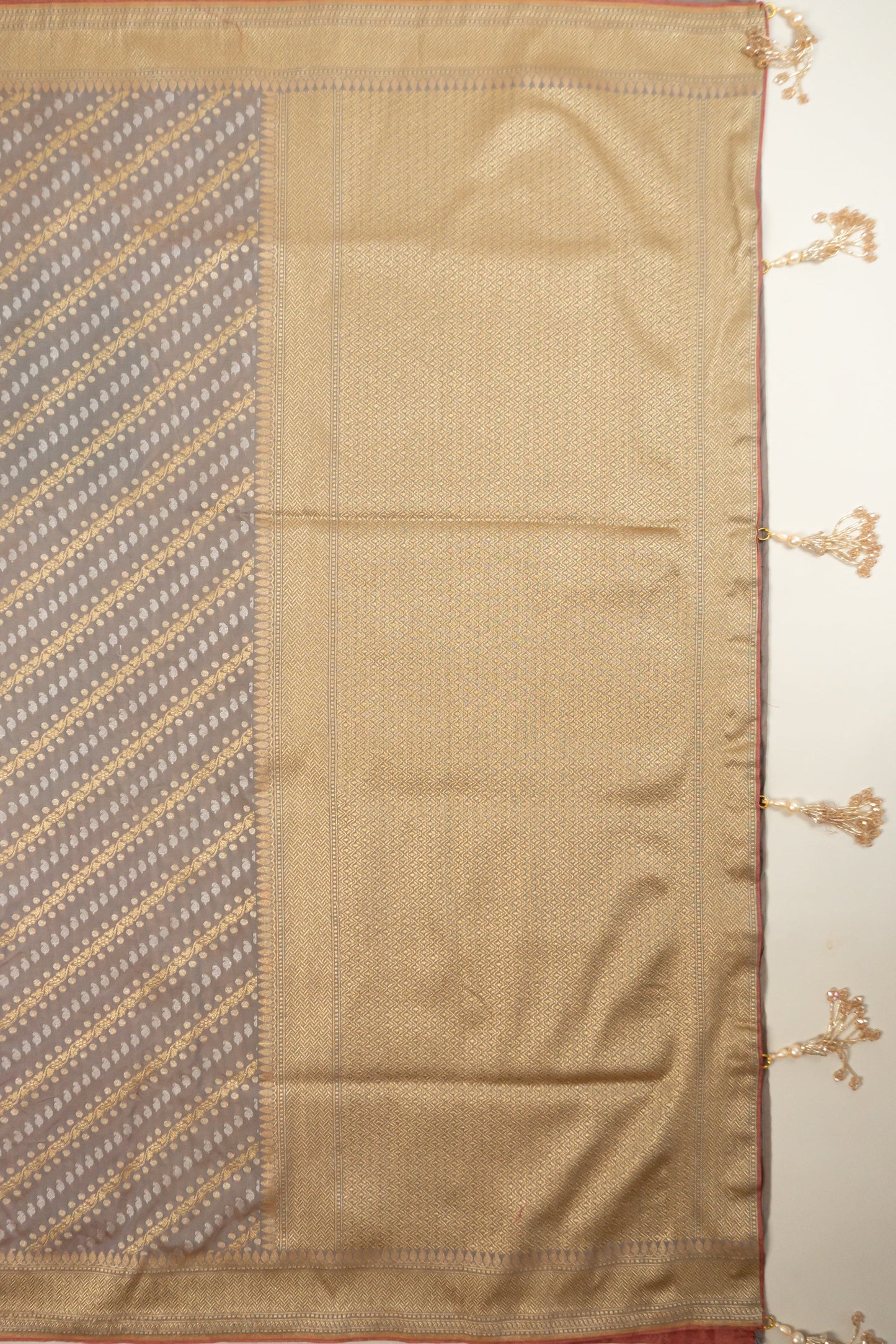 Grey, White, and Gold Banarasi Silk Saree with Butta, Plain Silk Facing, and Tassels on Pallu and Sleeves