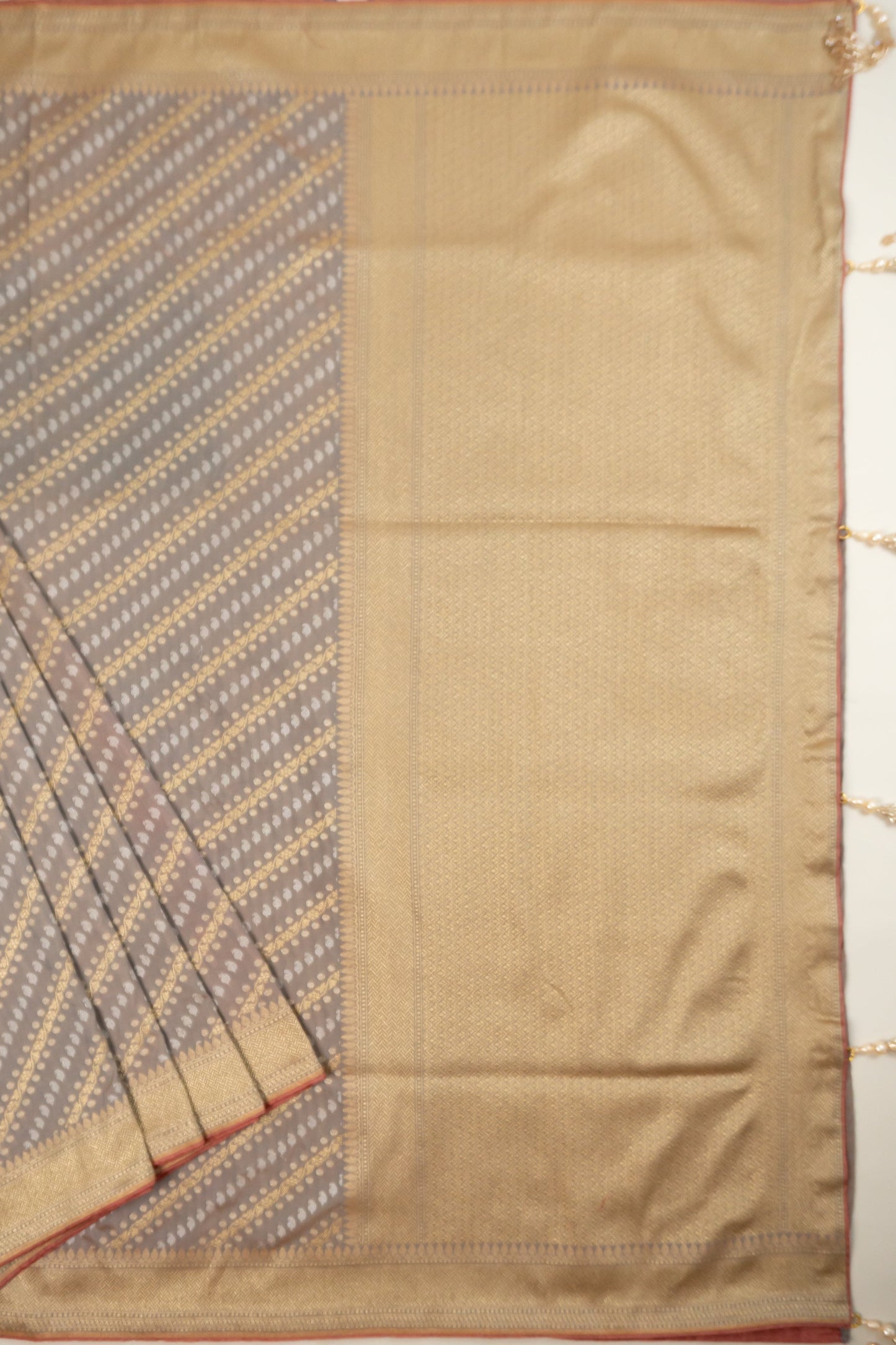 Grey, White, and Gold Banarasi Silk Saree with Butta, Plain Silk Facing, and Tassels on Pallu and Sleeves
