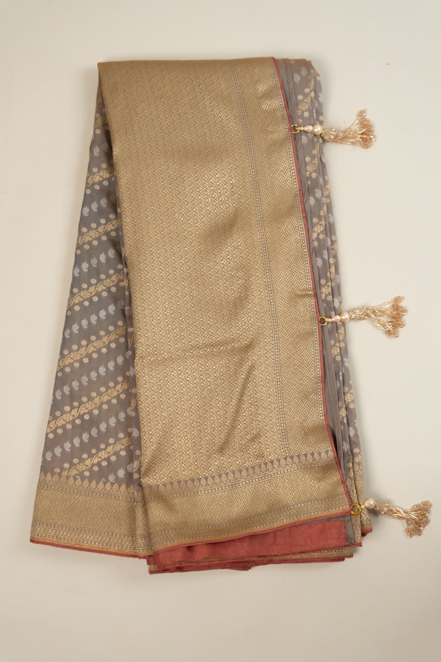 Grey, White, and Gold Banarasi Silk Saree with Butta, Plain Silk Facing, and Tassels on Pallu and Sleeves