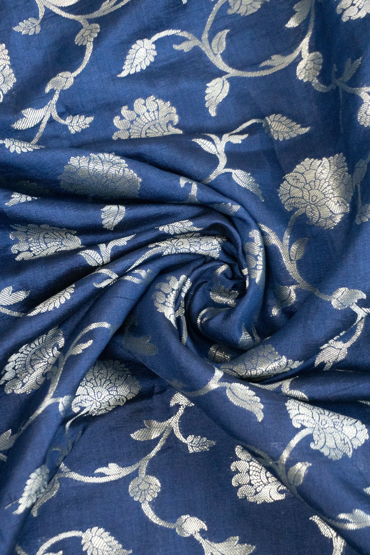 Navy Blue Silk Brocade Banarasi Zari Butta Saree with Lurex Blue Butta Facing and Beautiful Pearl and Thread Tassels on Pallu and Blouse